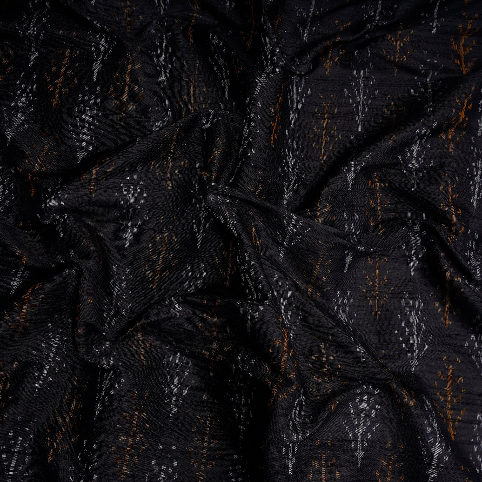 Black Handwoven Pure Dupion Silk Ikat Fabric