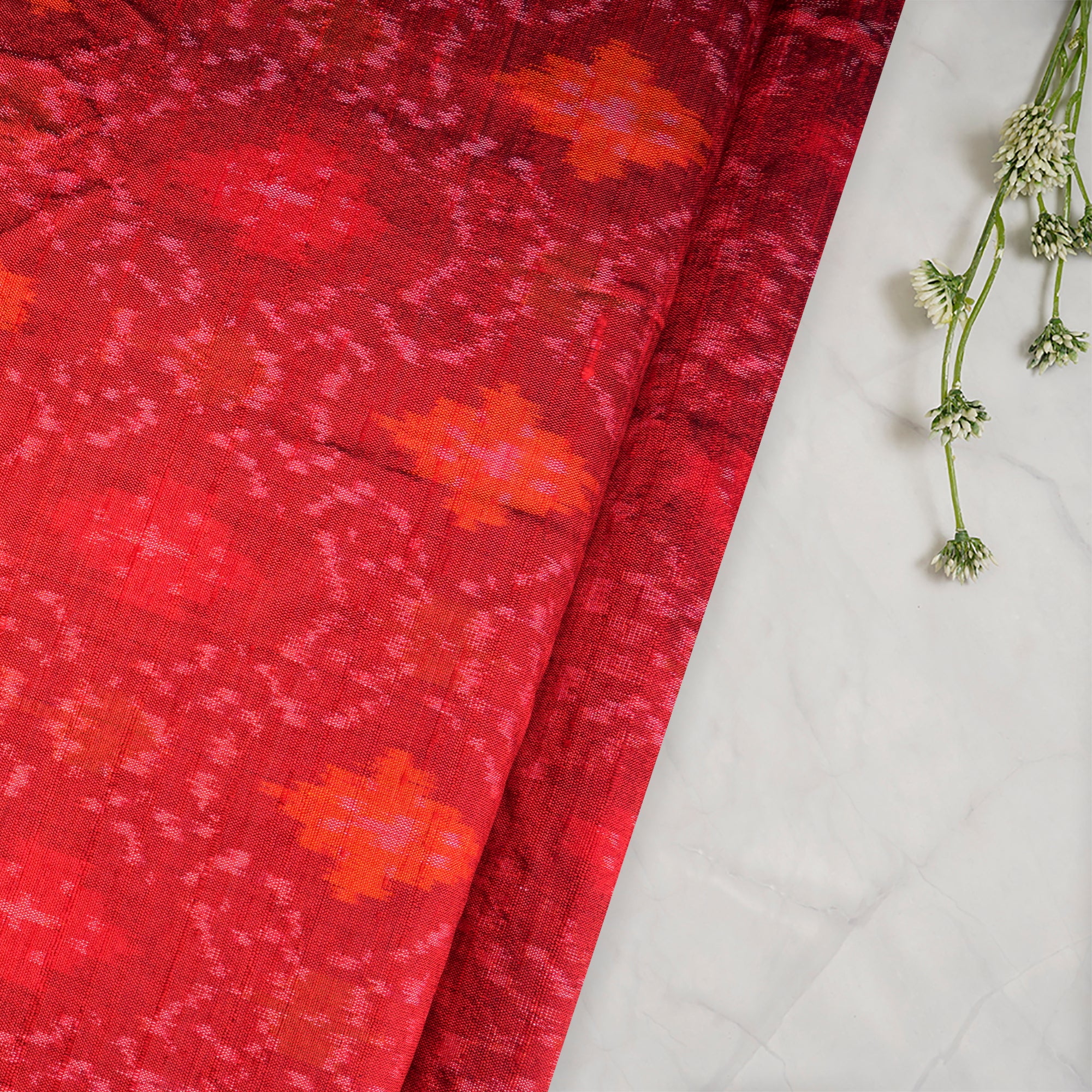 Deep Red Handwoven Pure Dupion Silk Ikat Fabric