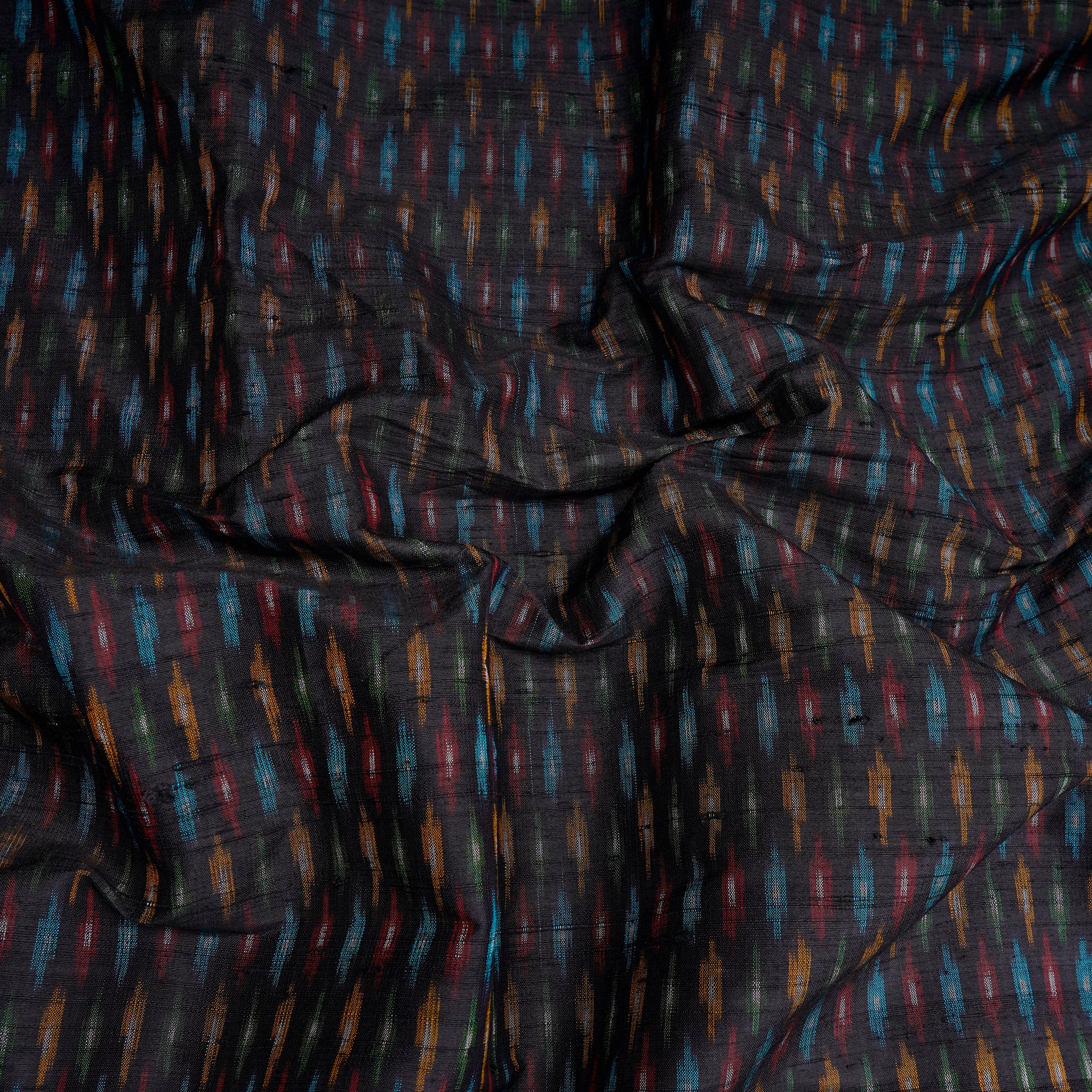 Black Handwoven Pure Dupion Silk Ikat Fabric