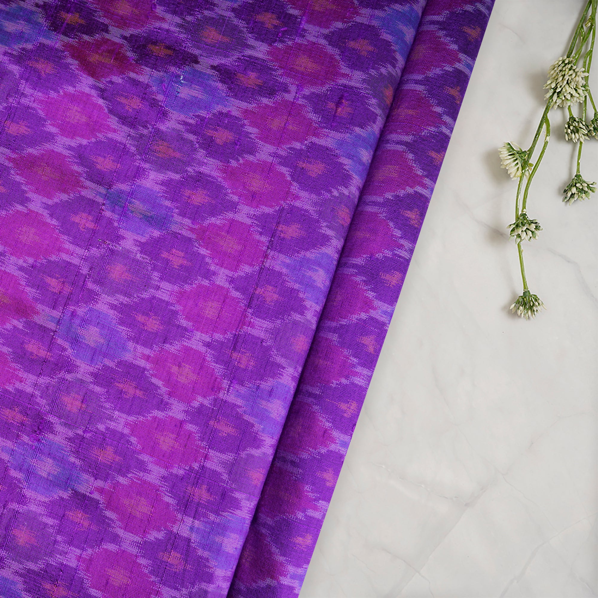 Purple Handwoven Pure Dupion Silk Ikat Fabric