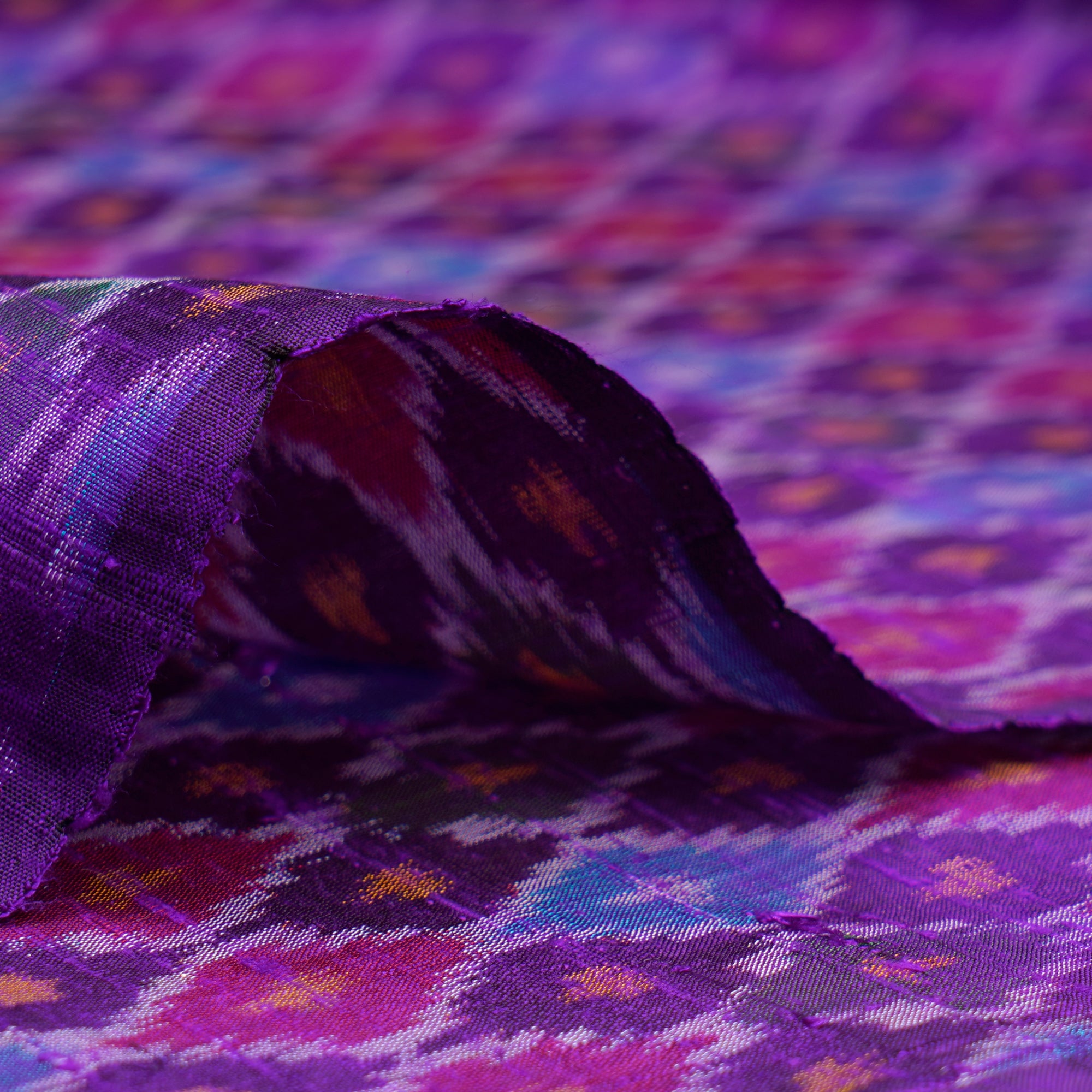 Purple Handwoven Pure Dupion Silk Ikat Fabric