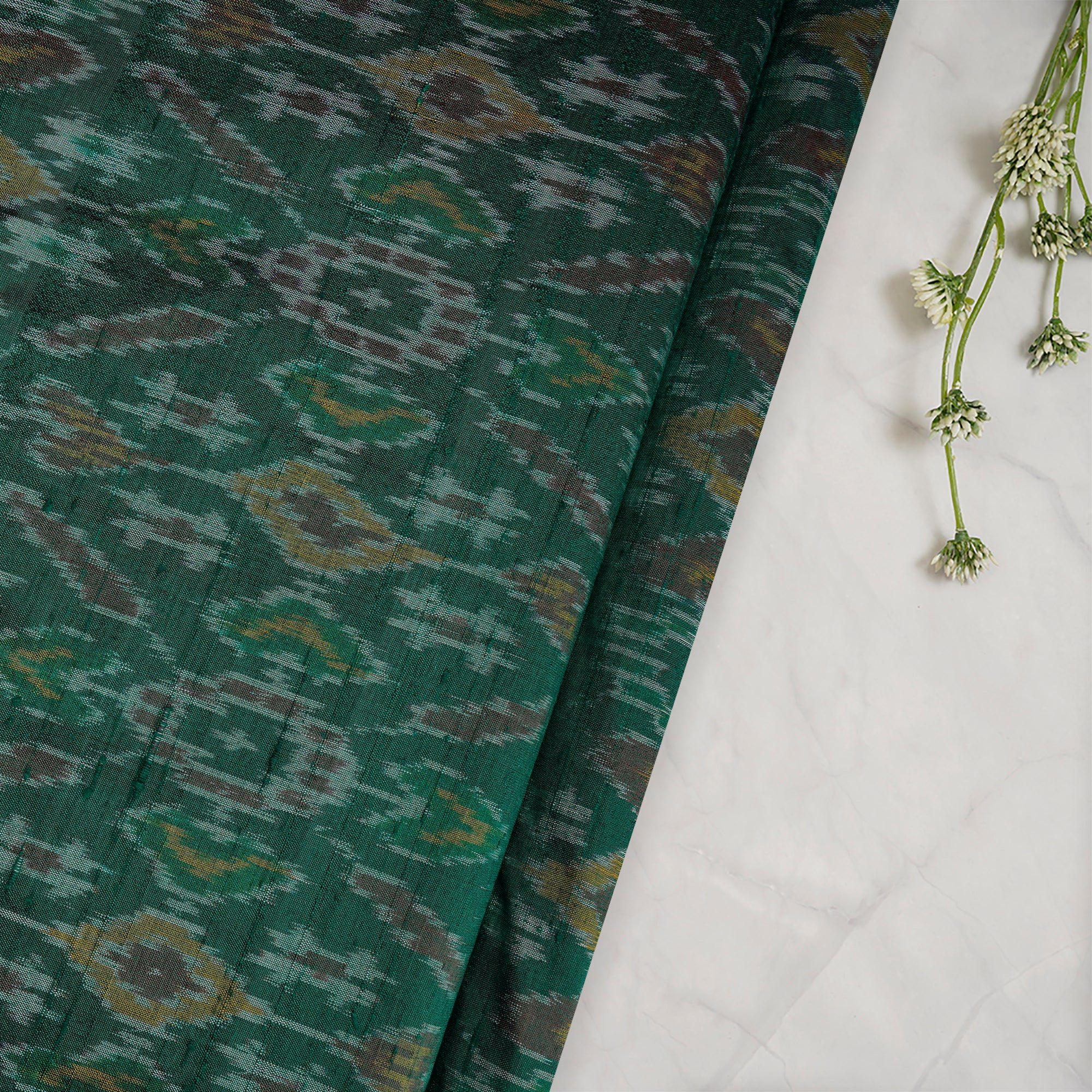 Deep Green Handwoven Pure Dupion Silk Ikat Fabric