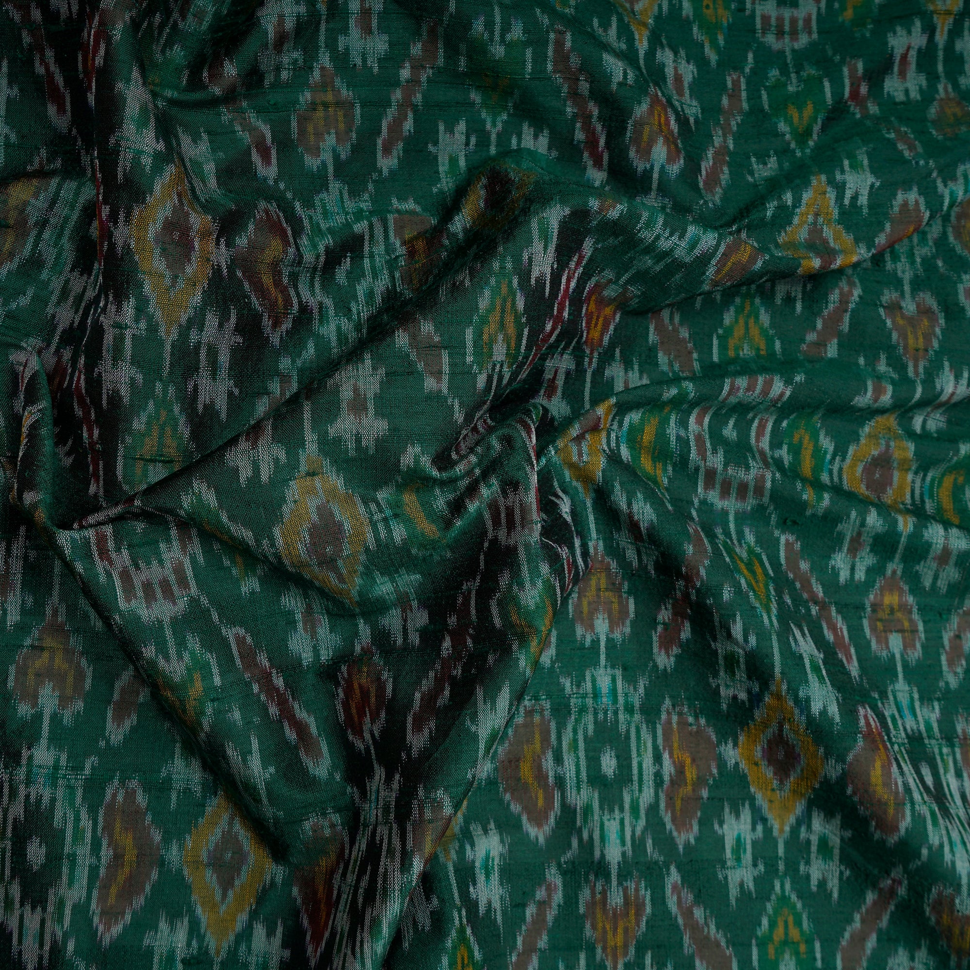 Deep Green Handwoven Pure Dupion Silk Ikat Fabric