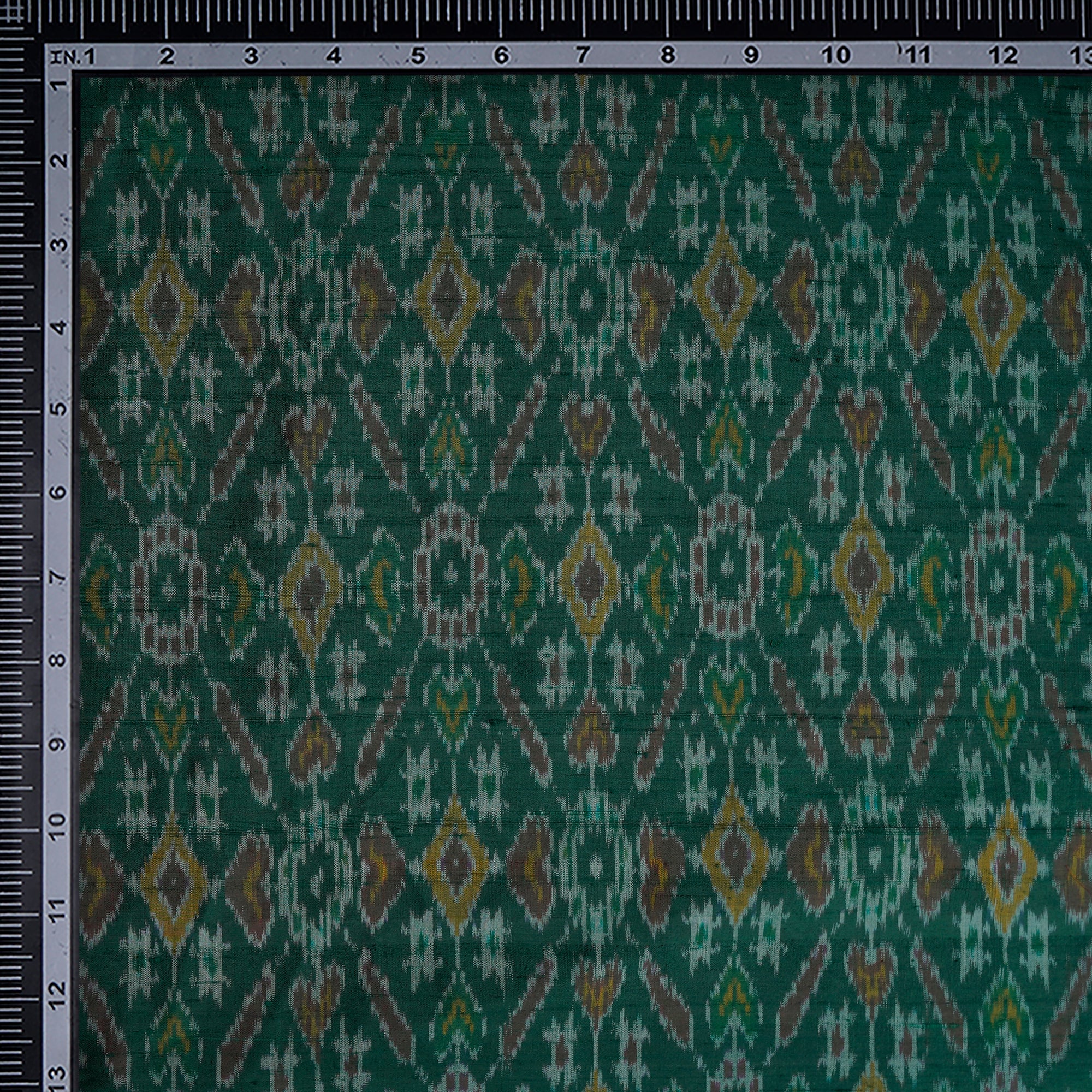 Deep Green Handwoven Pure Dupion Silk Ikat Fabric