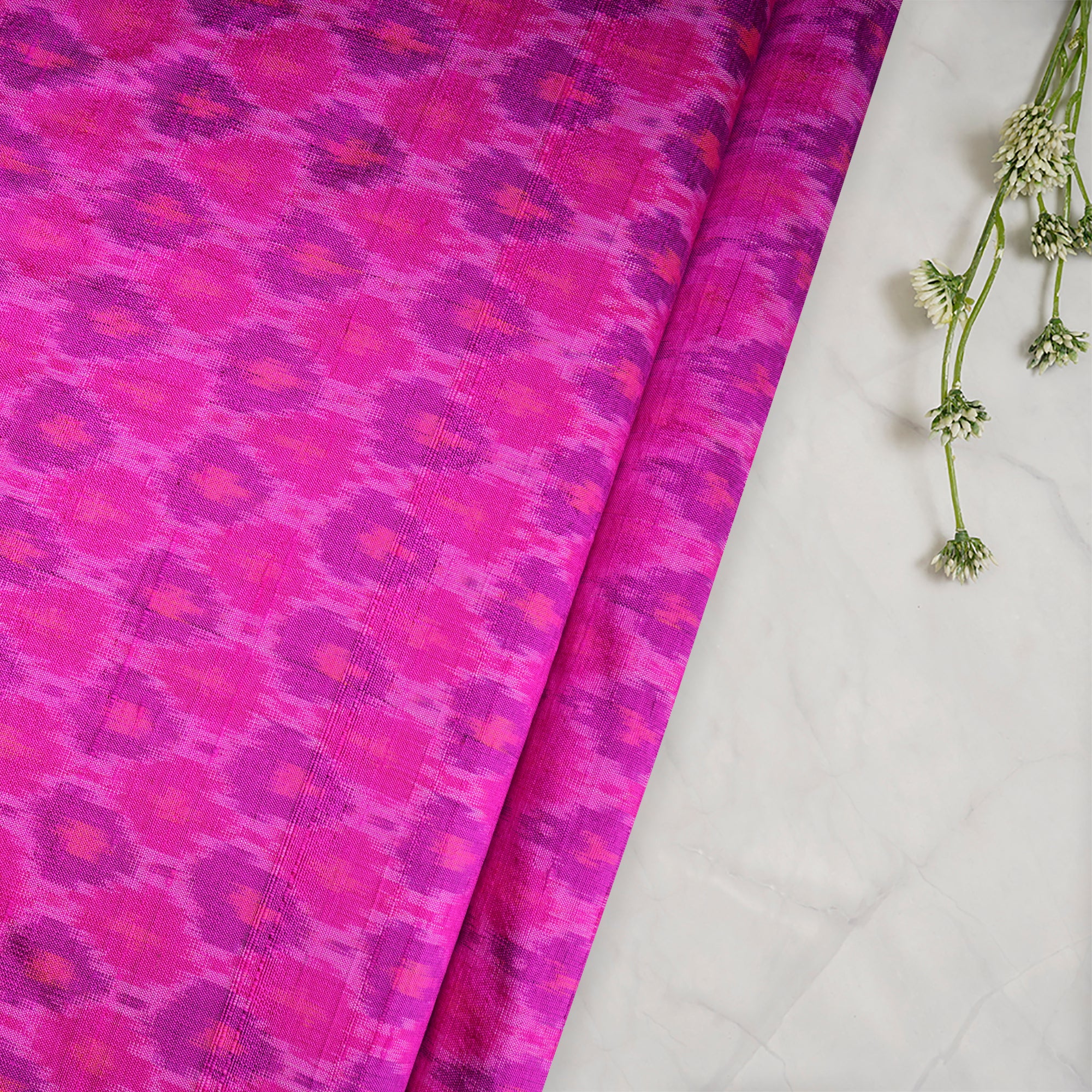 Pink Handwoven Pure Dupion Silk Ikat Fabric