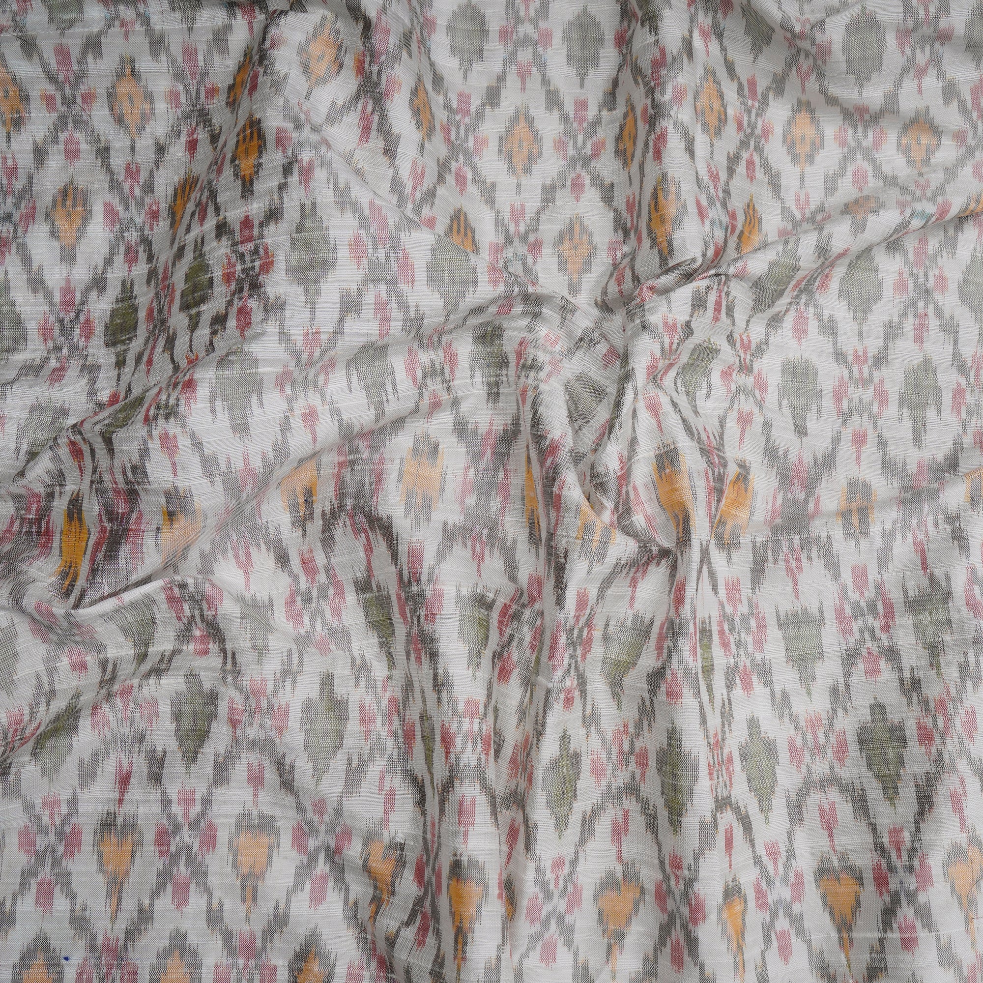 White Handwoven Pure Dupion Silk Ikat Fabric