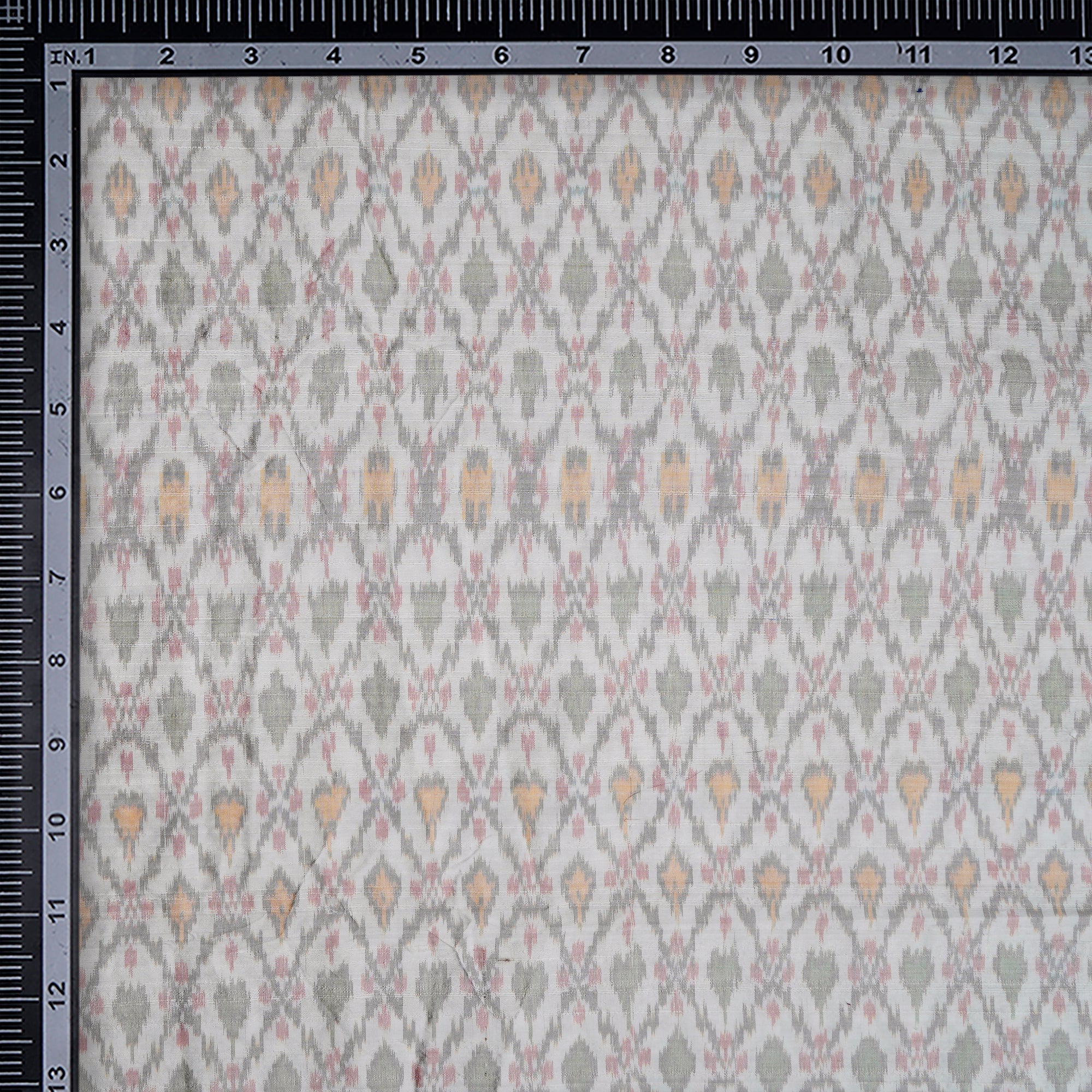 White Handwoven Pure Dupion Silk Ikat Fabric