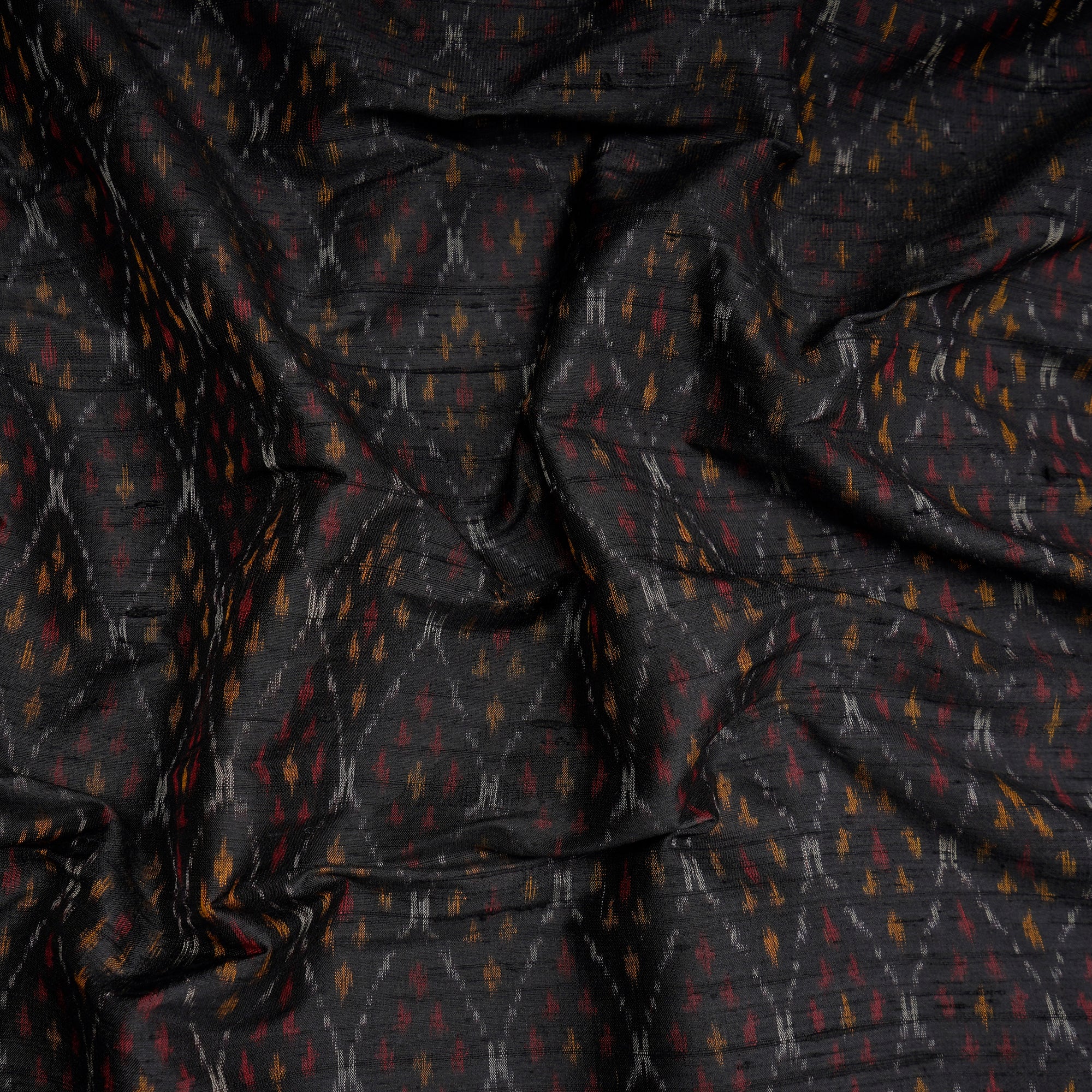 Black Handwoven Pure Dupion Silk Ikat Fabric