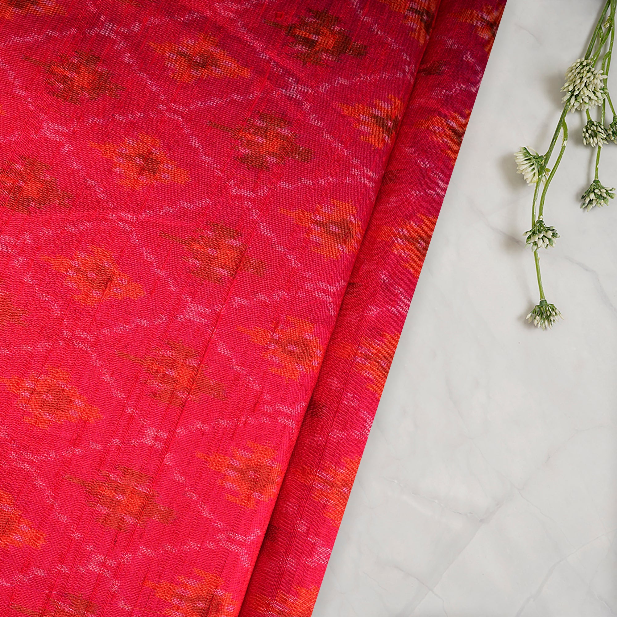 Red Handwoven Pure Dupion Silk Ikat Fabric