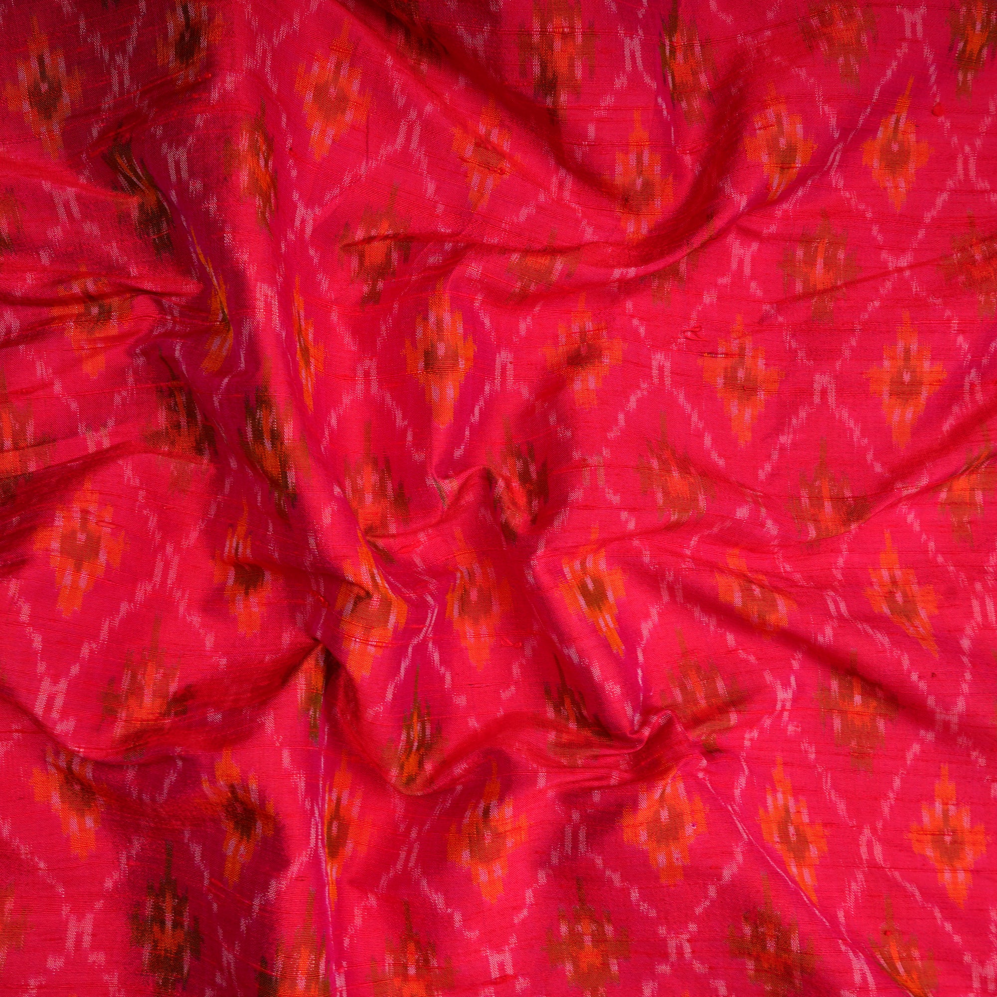 Red Handwoven Pure Dupion Silk Ikat Fabric