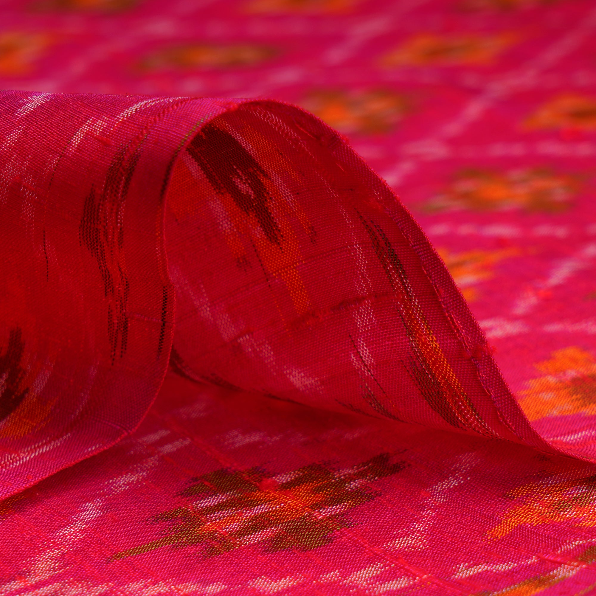 Red Handwoven Pure Dupion Silk Ikat Fabric