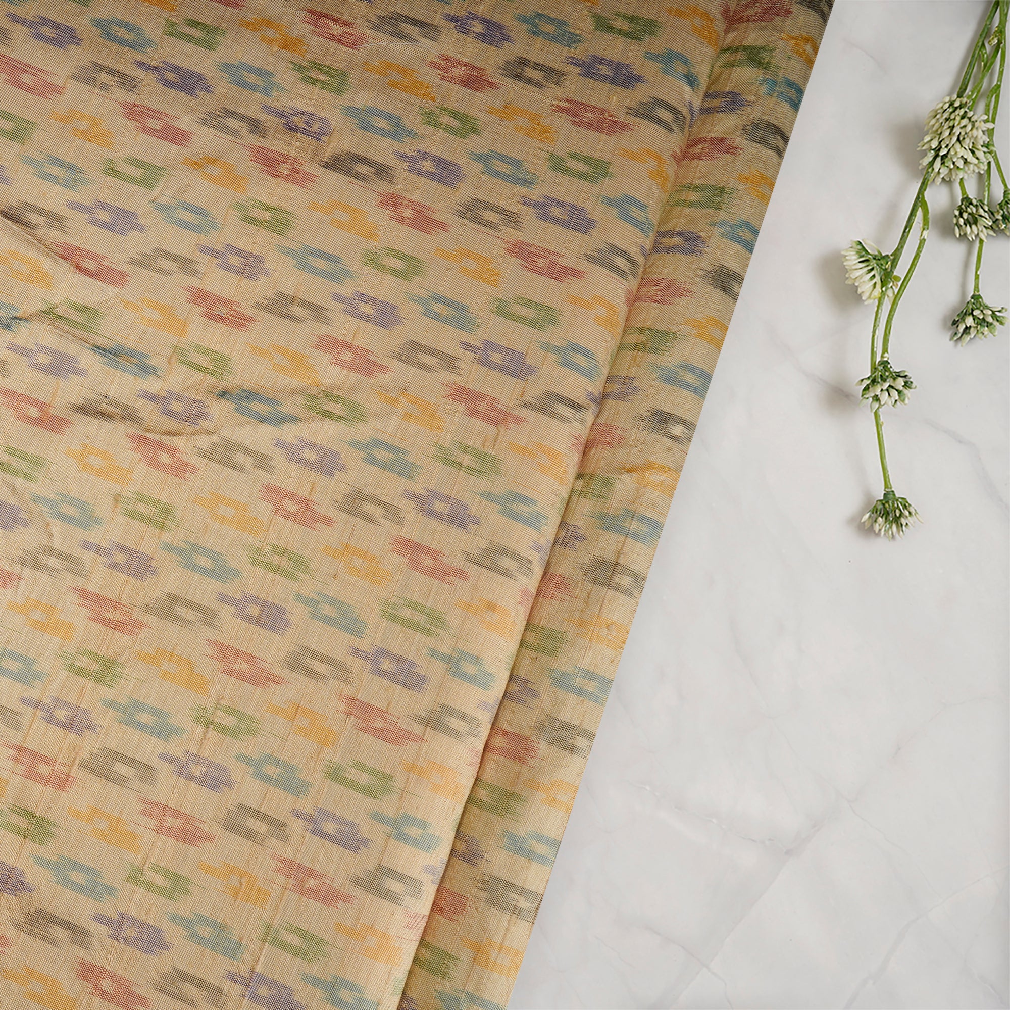 Cream Handwoven Pure Dupion Silk Ikat Fabric