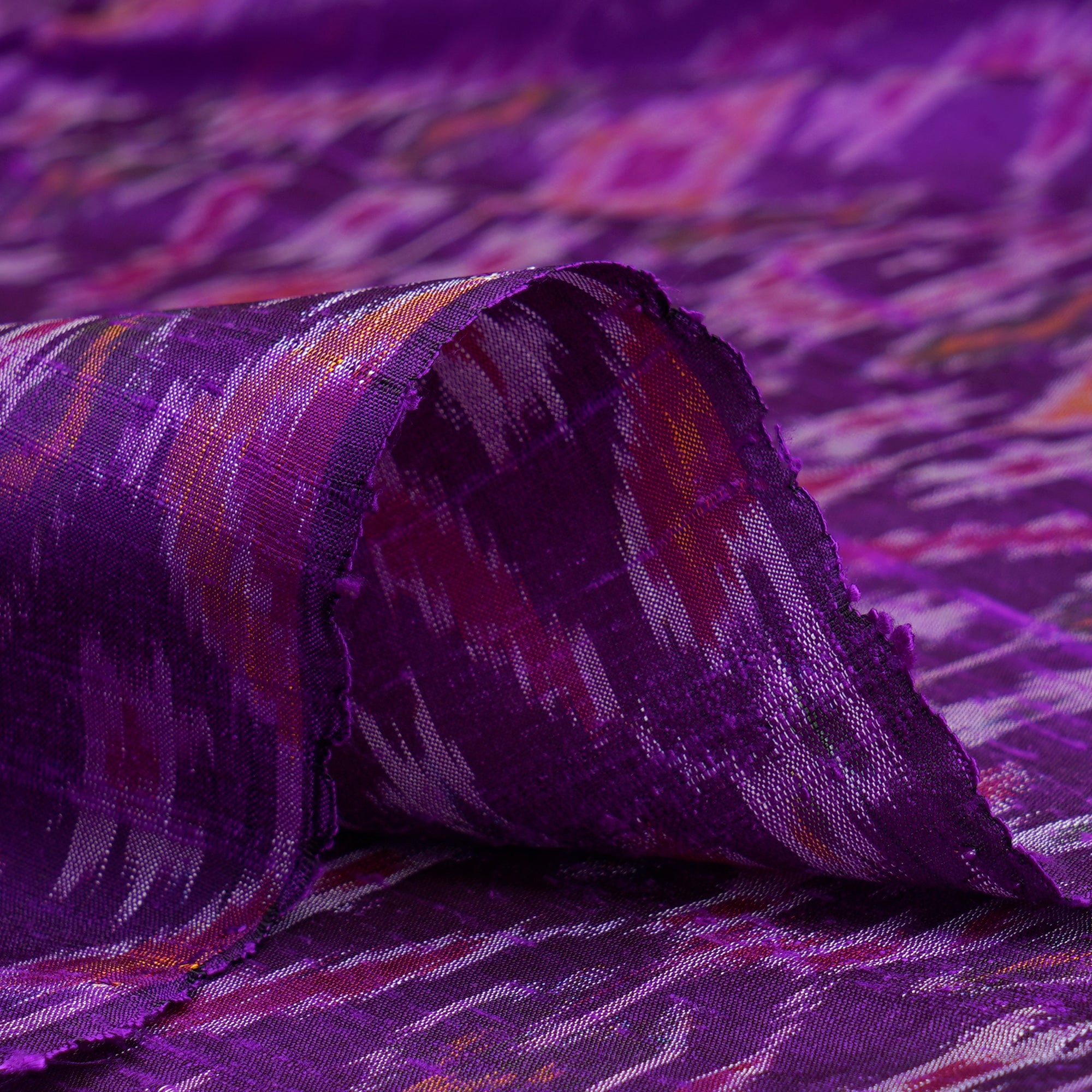 Purple Handwoven Pure Dupion Silk Ikat Fabric