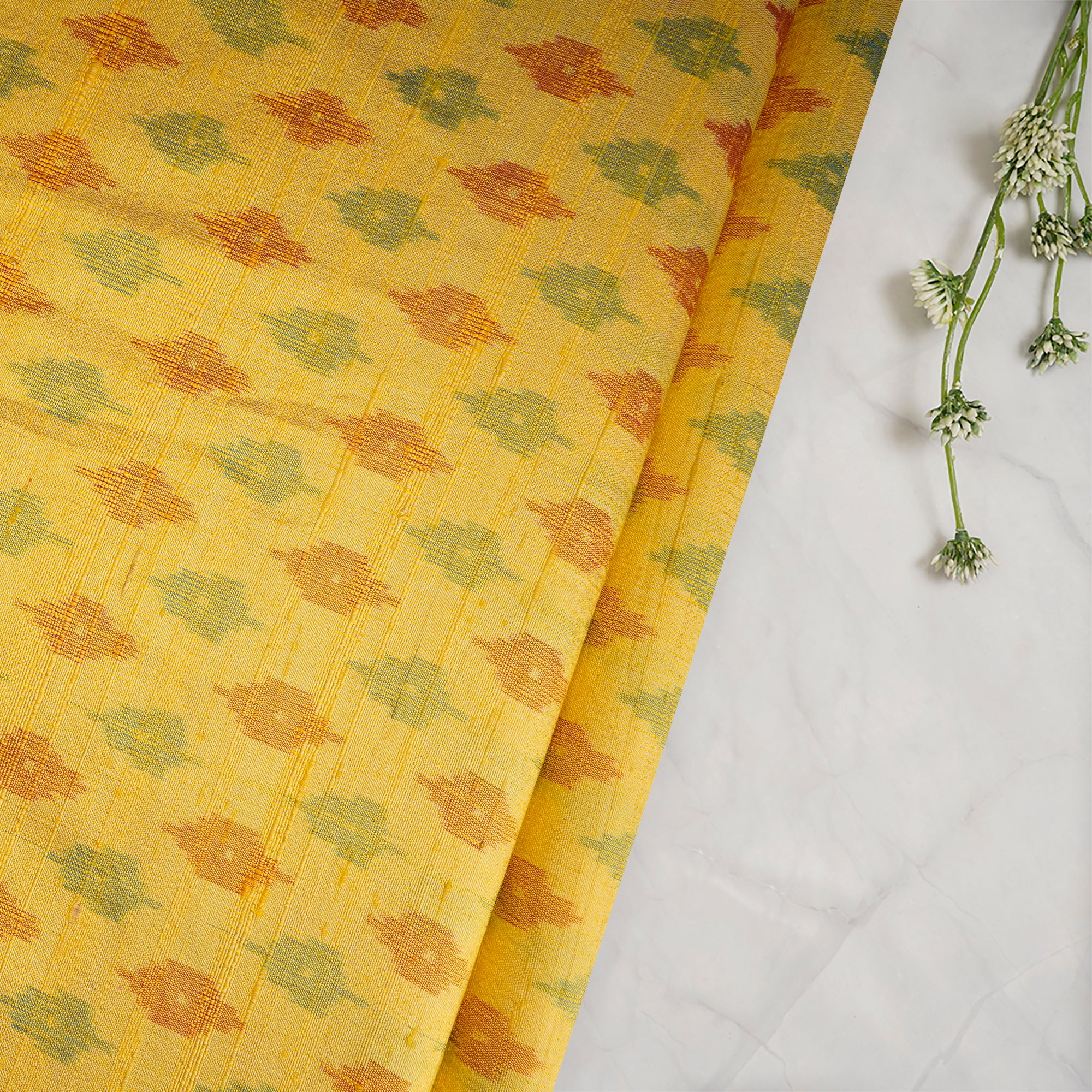 Light Yellow Handwoven Pure Dupion Silk Ikat Fabric