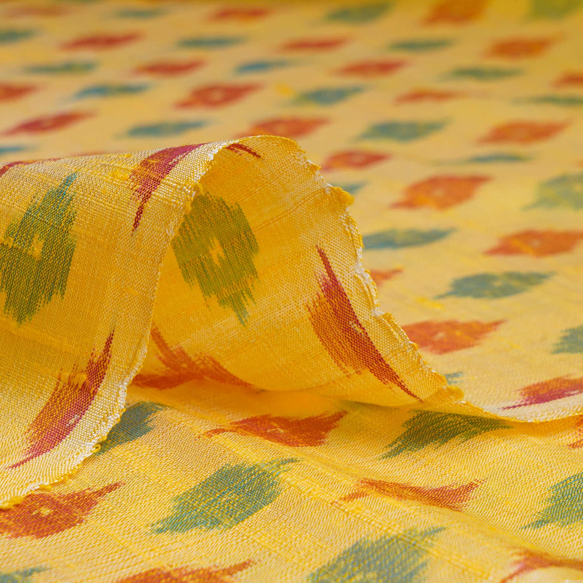 Light Yellow Handwoven Pure Dupion Silk Ikat Fabric