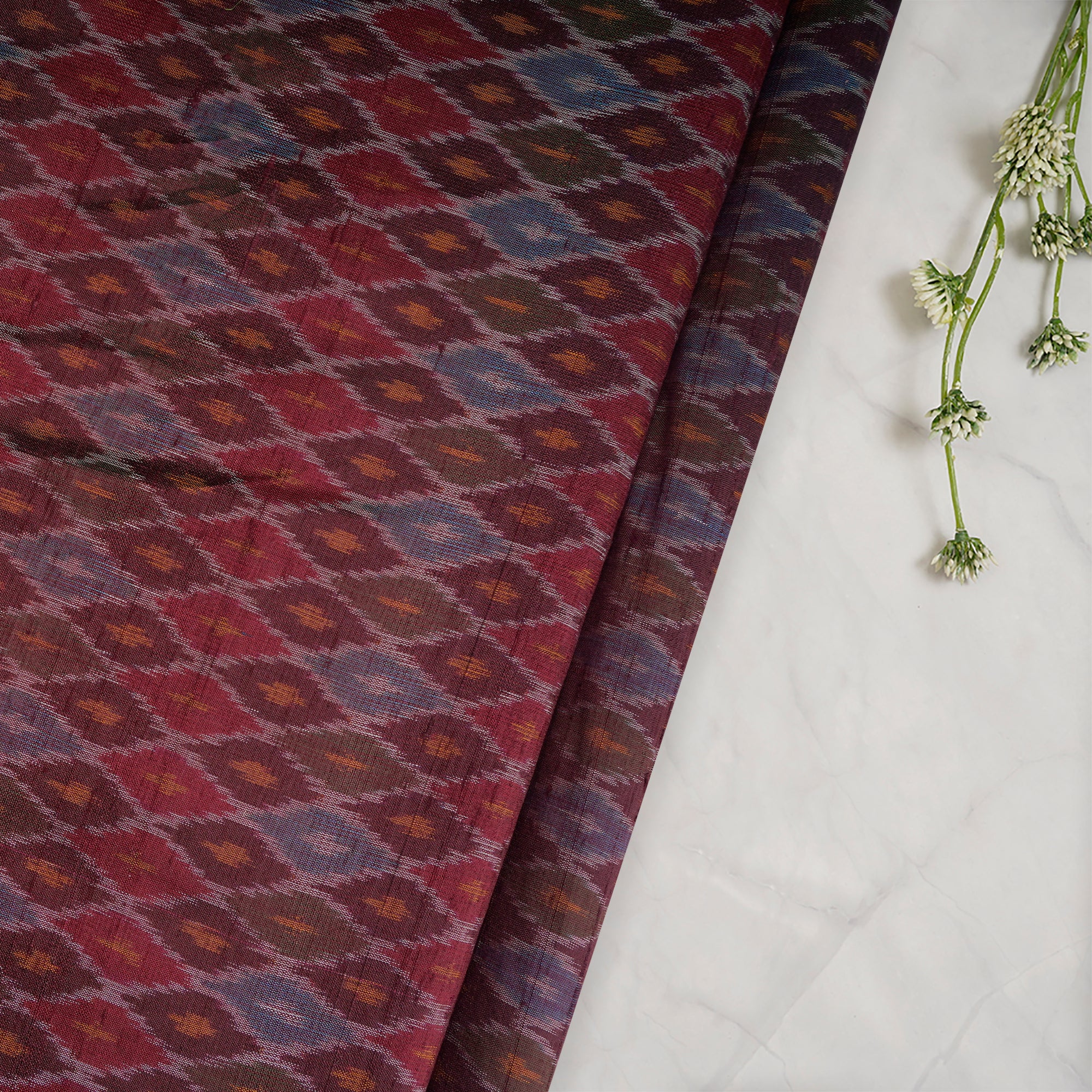 Deep Brown Handwoven Pure Dupion Silk Ikat Fabric