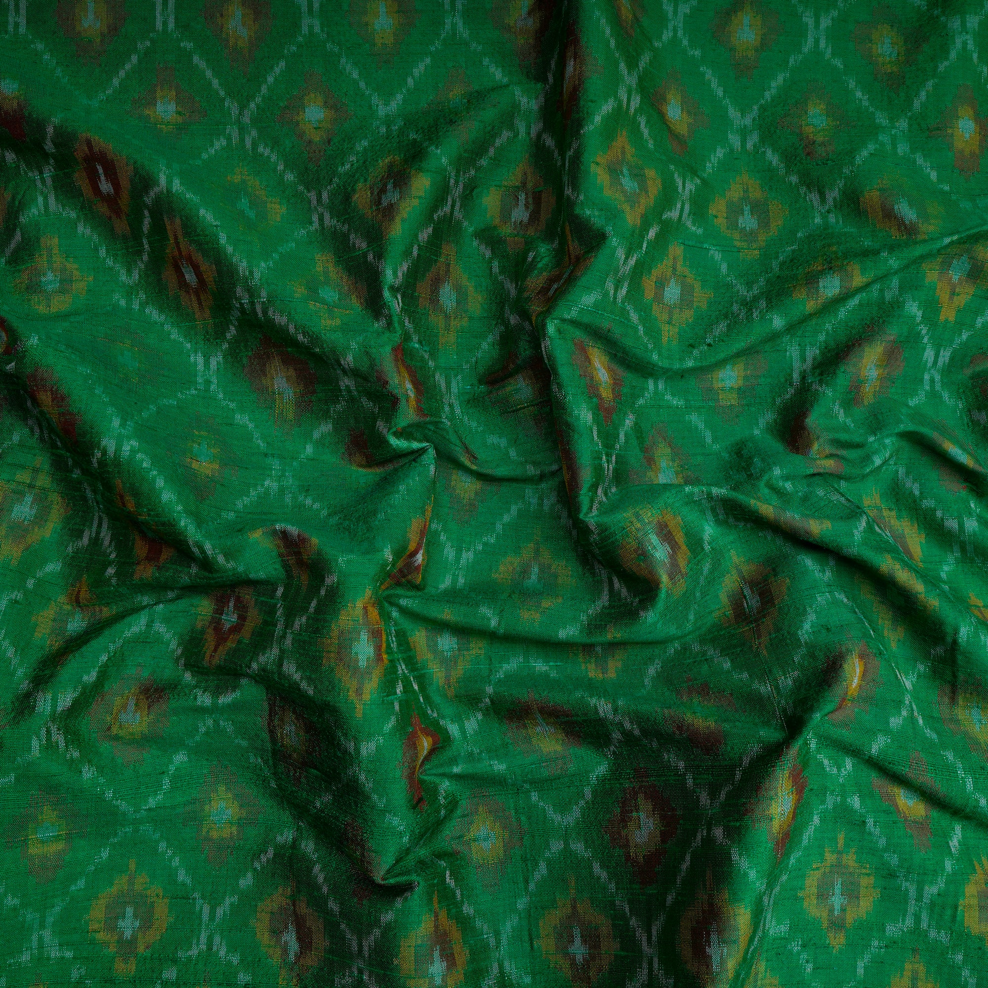 Dark Green Handwoven Pure Dupion Silk Ikat Fabric