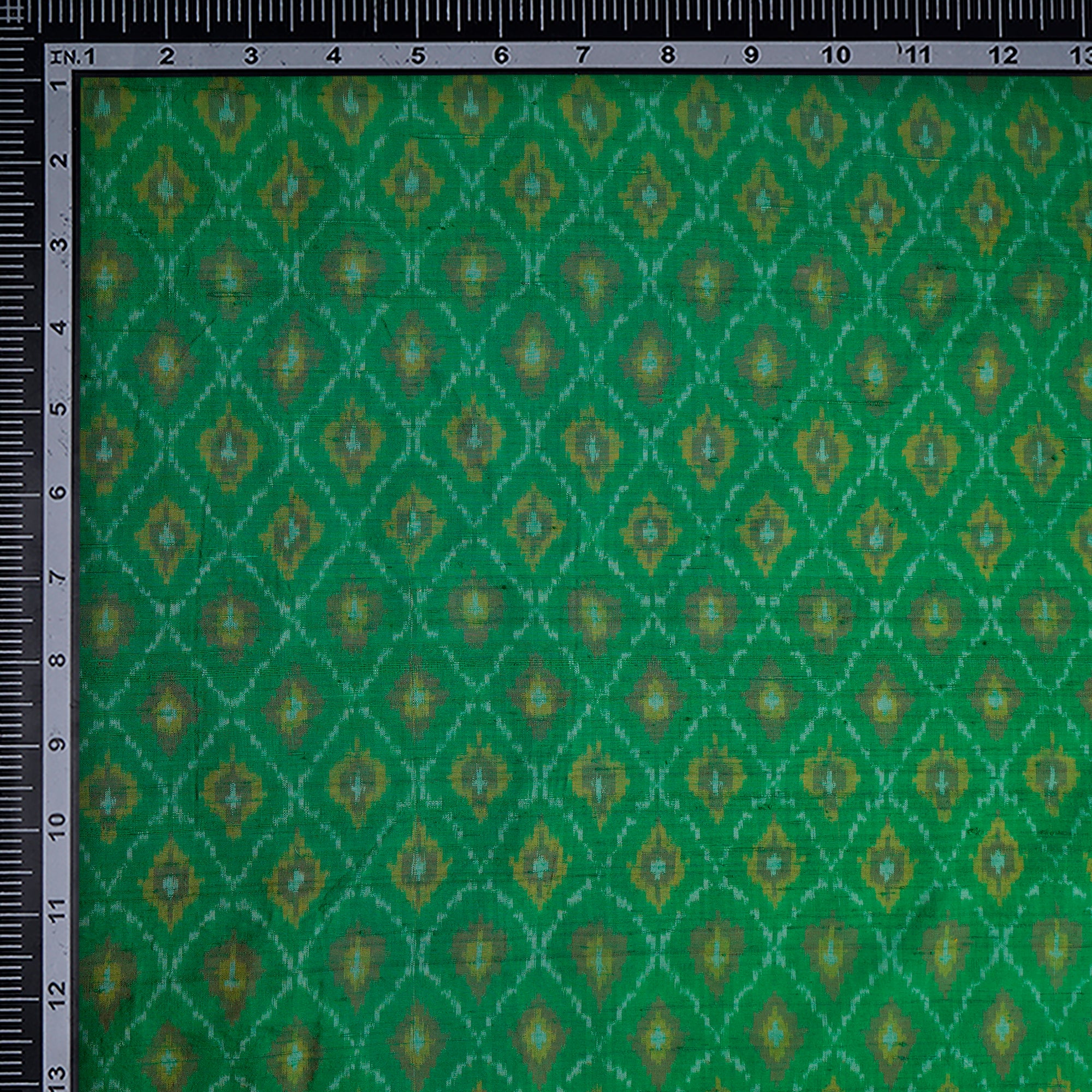 Dark Green Handwoven Pure Dupion Silk Ikat Fabric