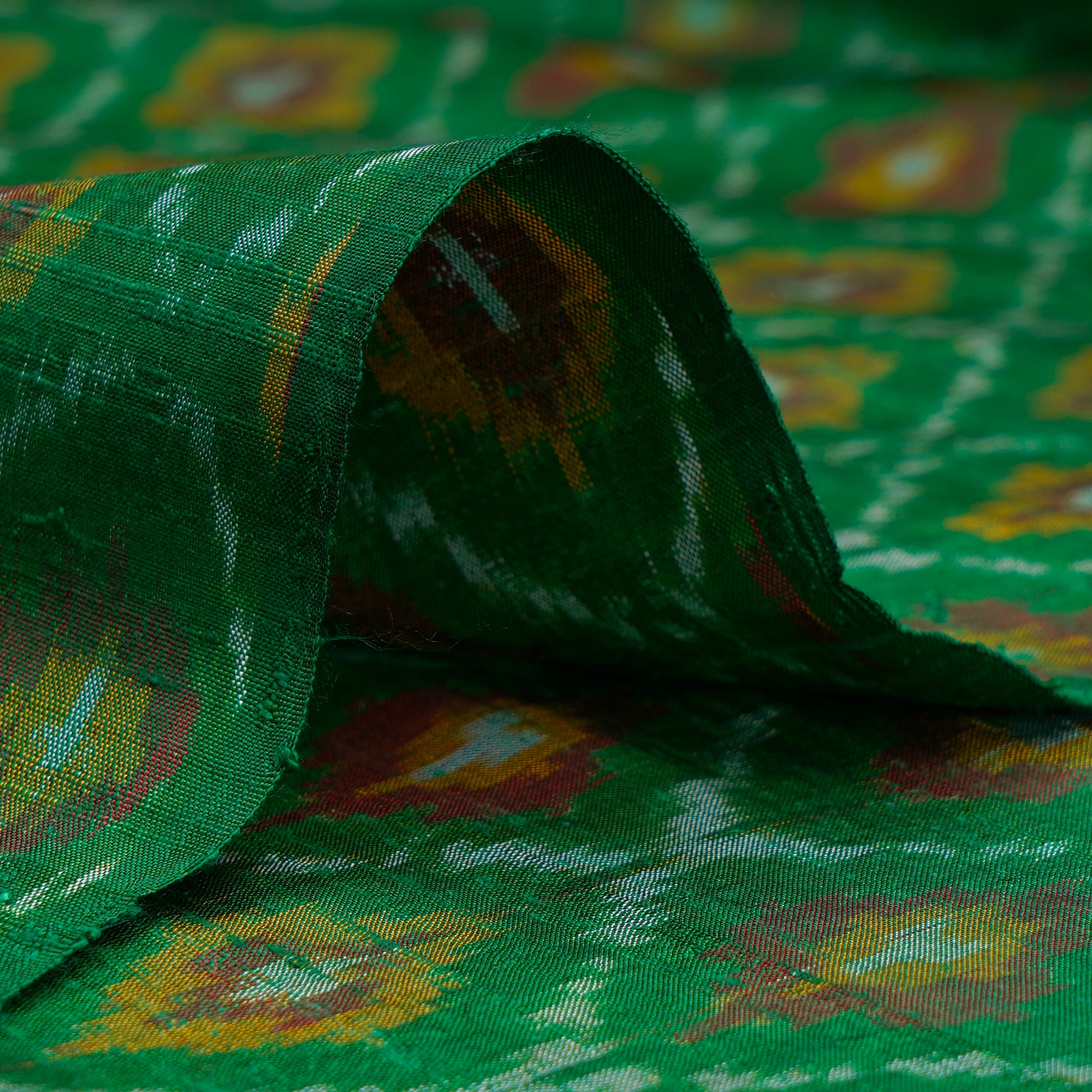 Dark Green Handwoven Pure Dupion Silk Ikat Fabric