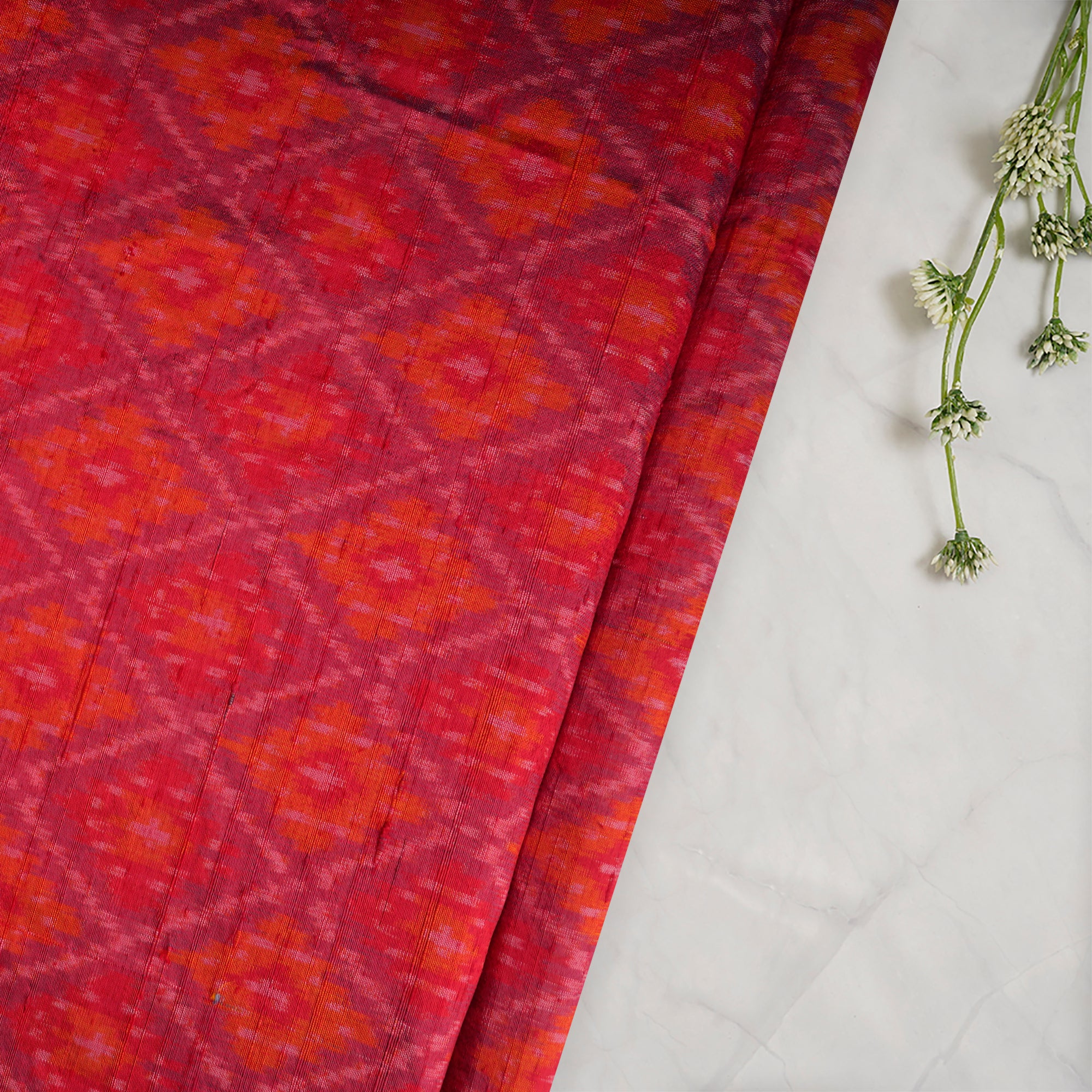 Red Handwoven Pure Dupion Silk Ikat Fabric