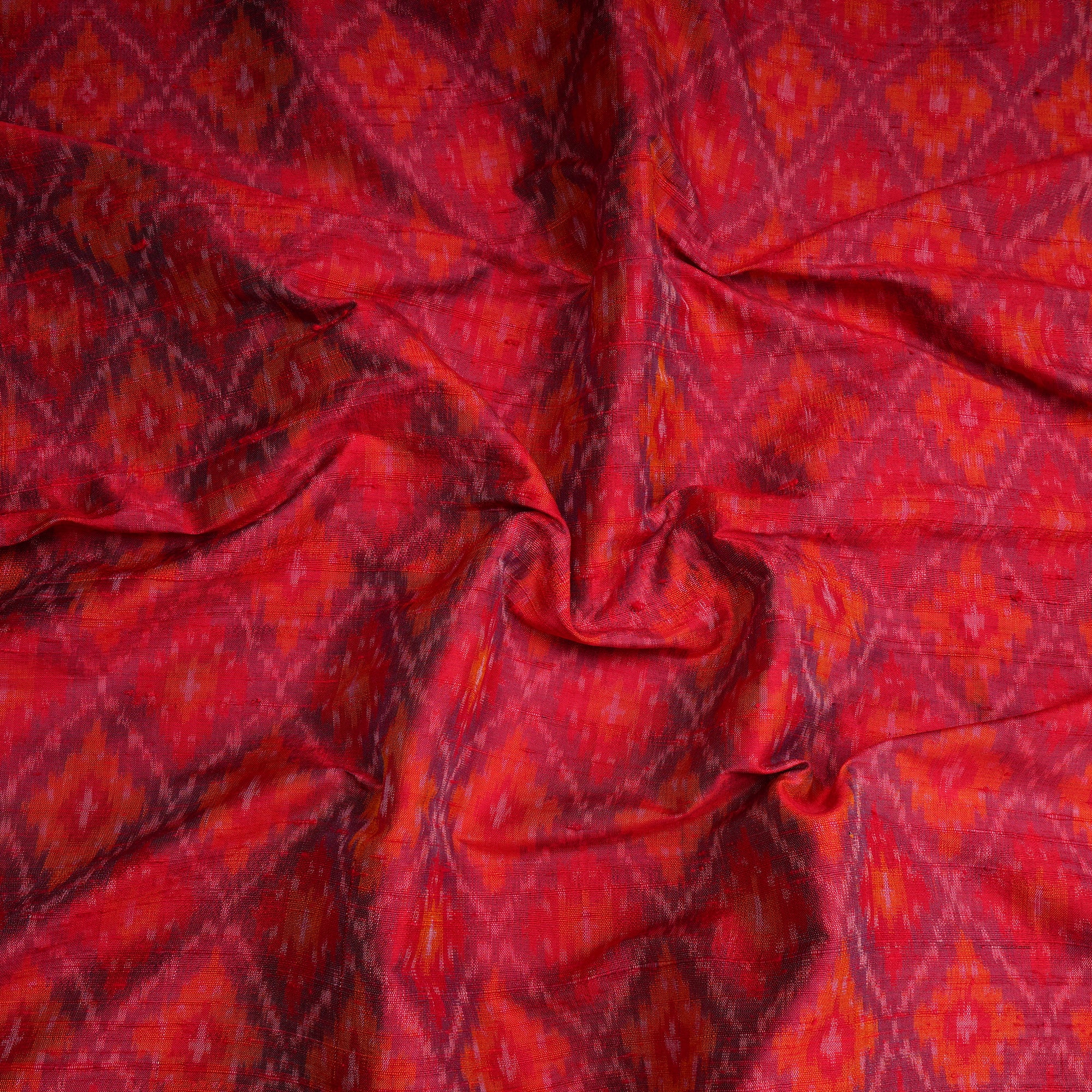 Red Handwoven Pure Dupion Silk Ikat Fabric