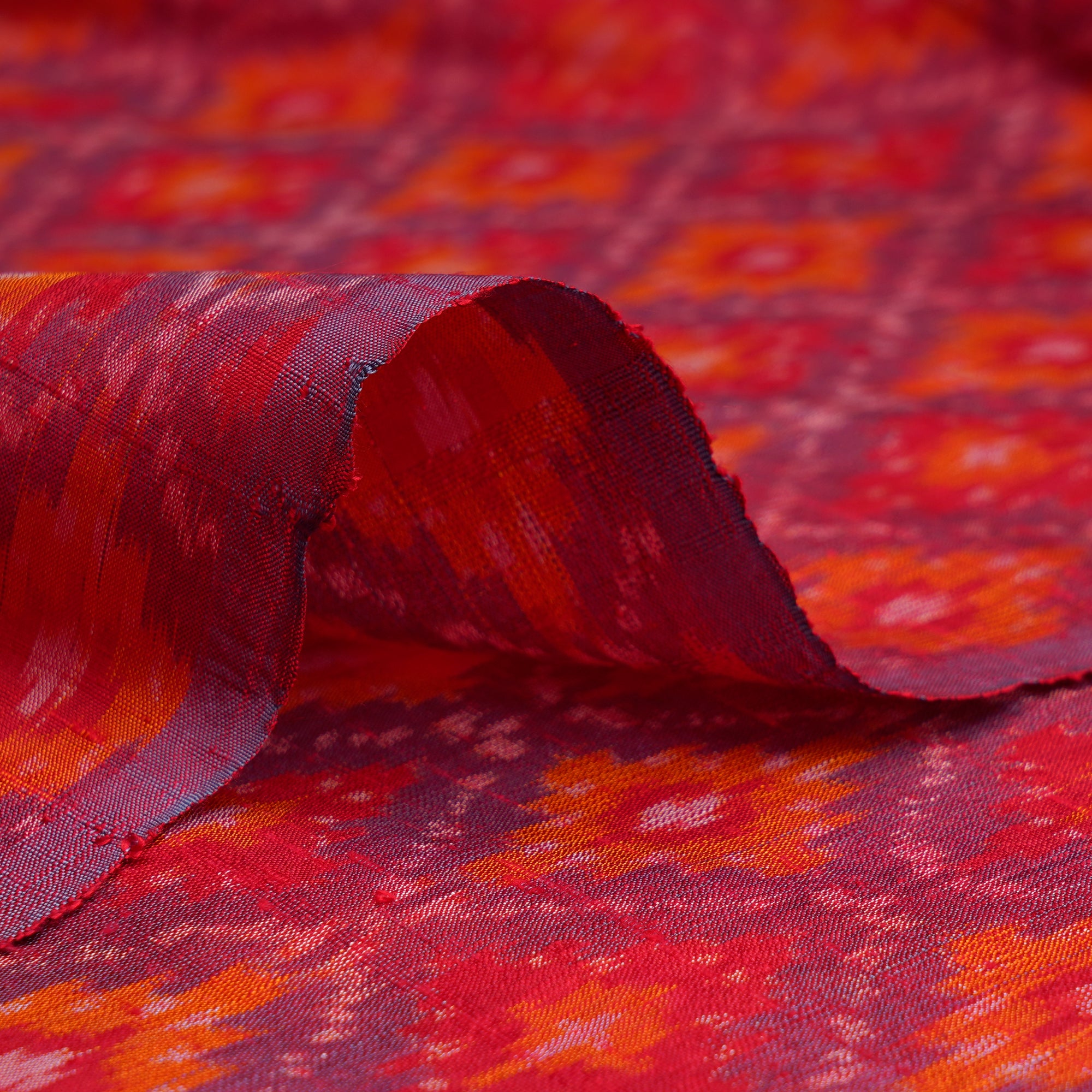 Red Handwoven Pure Dupion Silk Ikat Fabric