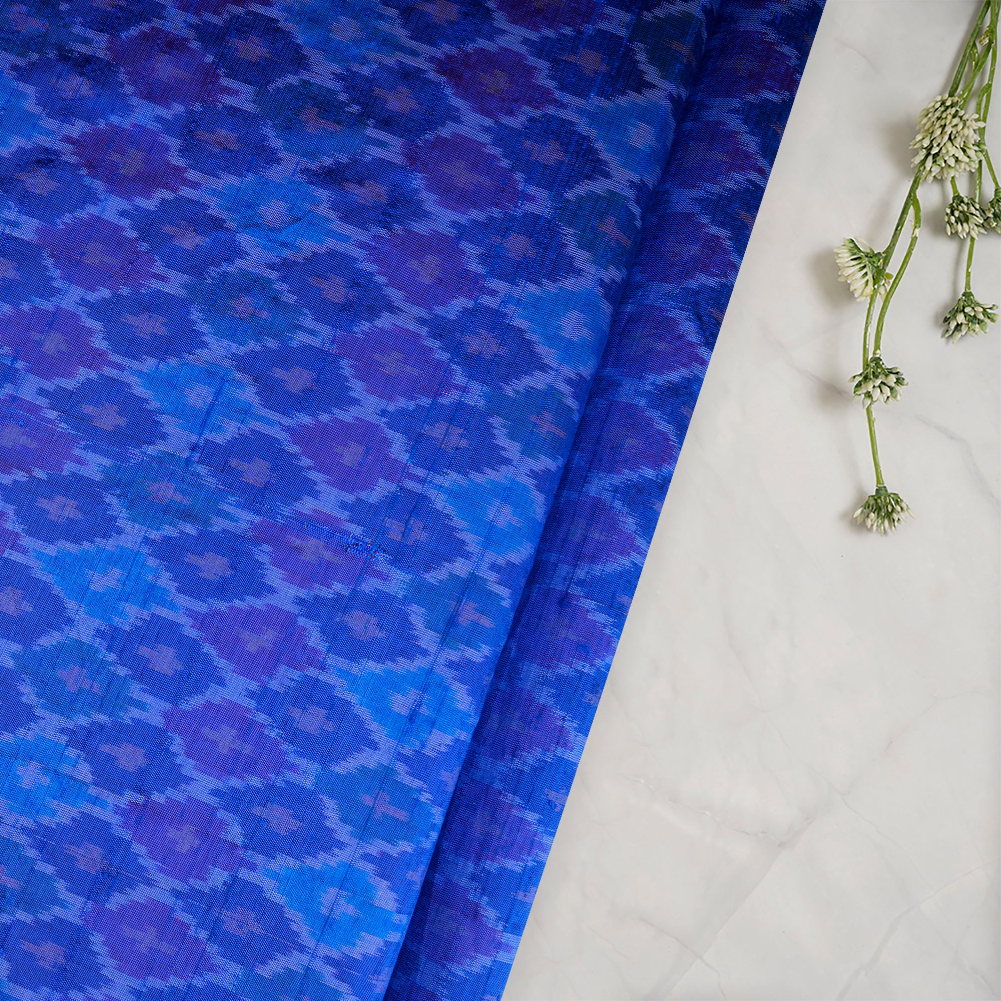 Blue Handwoven Pure Dupion Silk Ikat Fabric