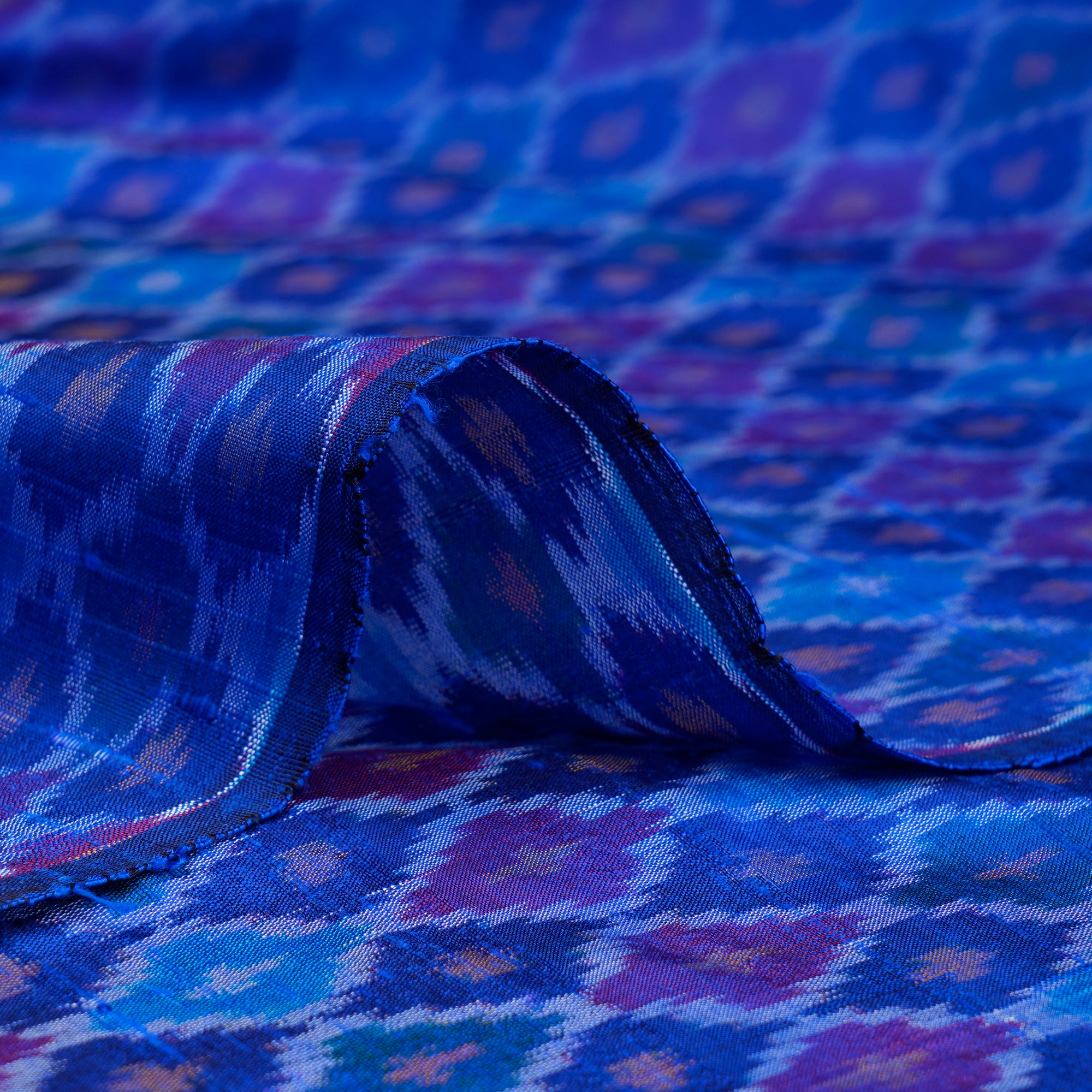 Blue Handwoven Pure Dupion Silk Ikat Fabric