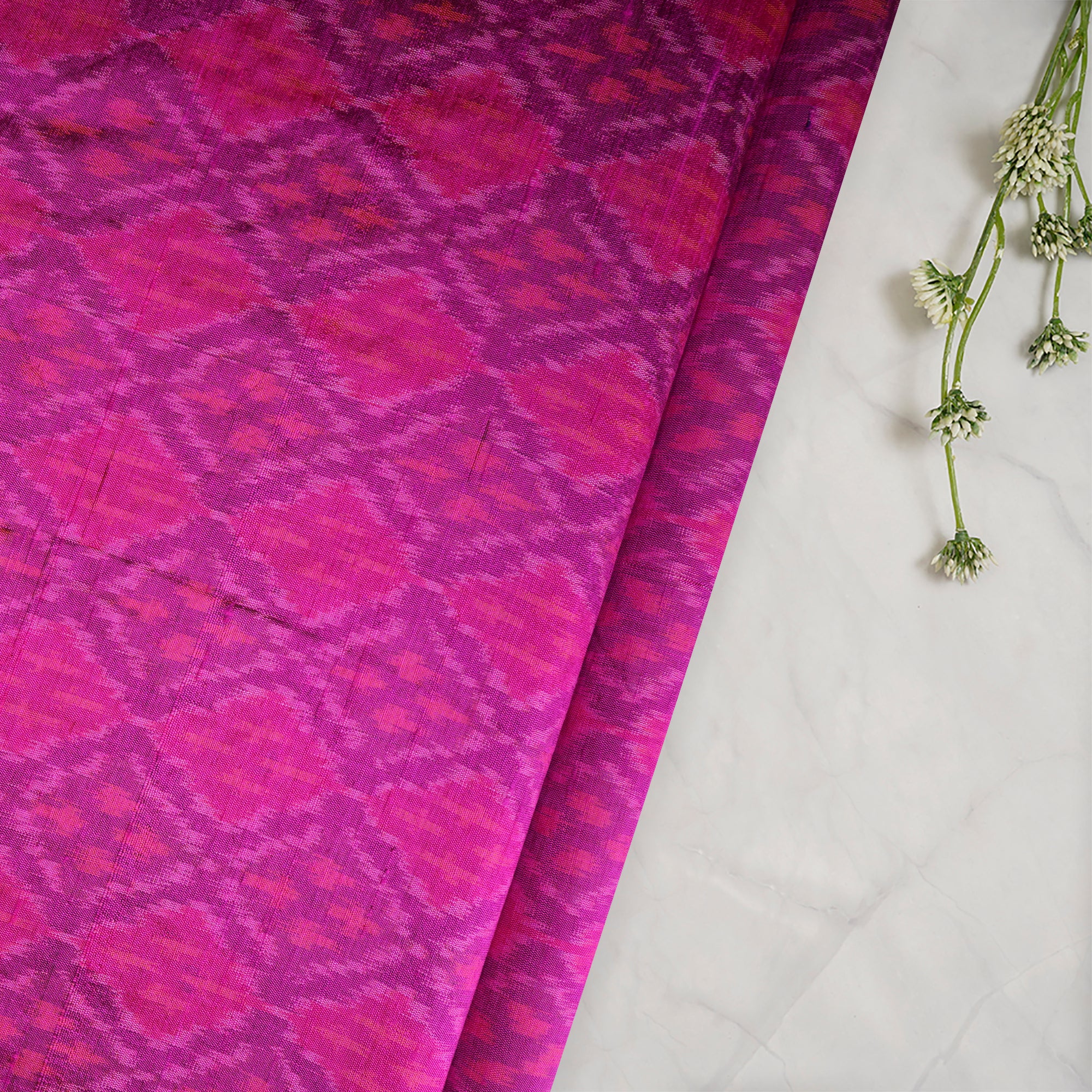 Pink Handwoven Pure Dupion Silk Ikat Fabric