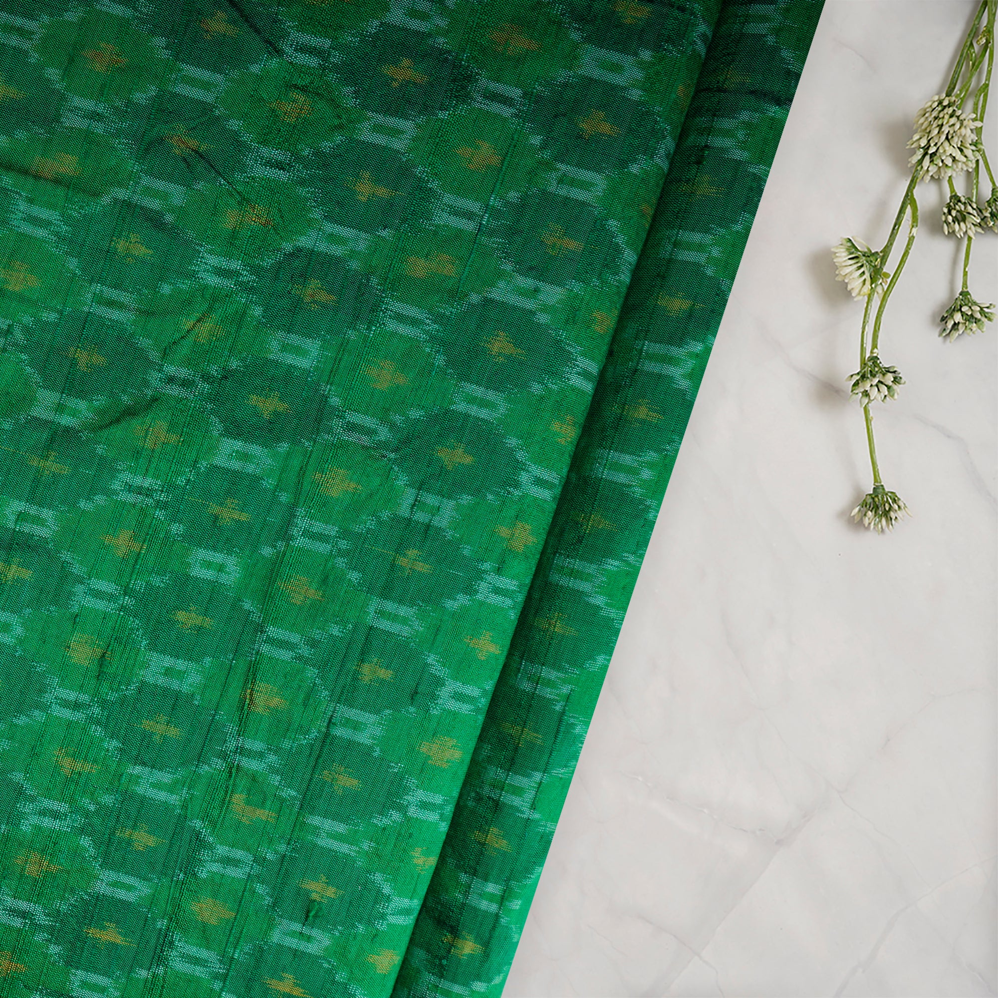 Green Handwoven Pure Dupion Silk Ikat Fabric