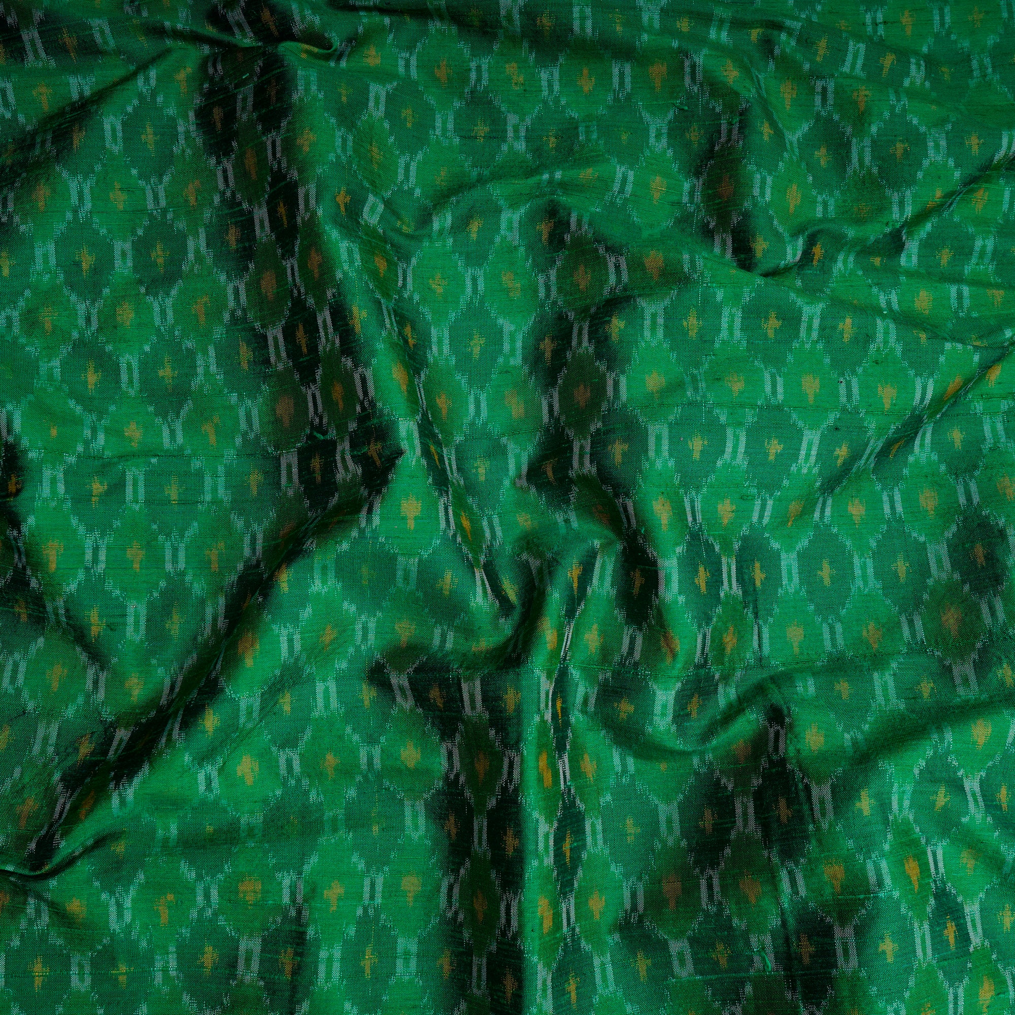 Green Handwoven Pure Dupion Silk Ikat Fabric