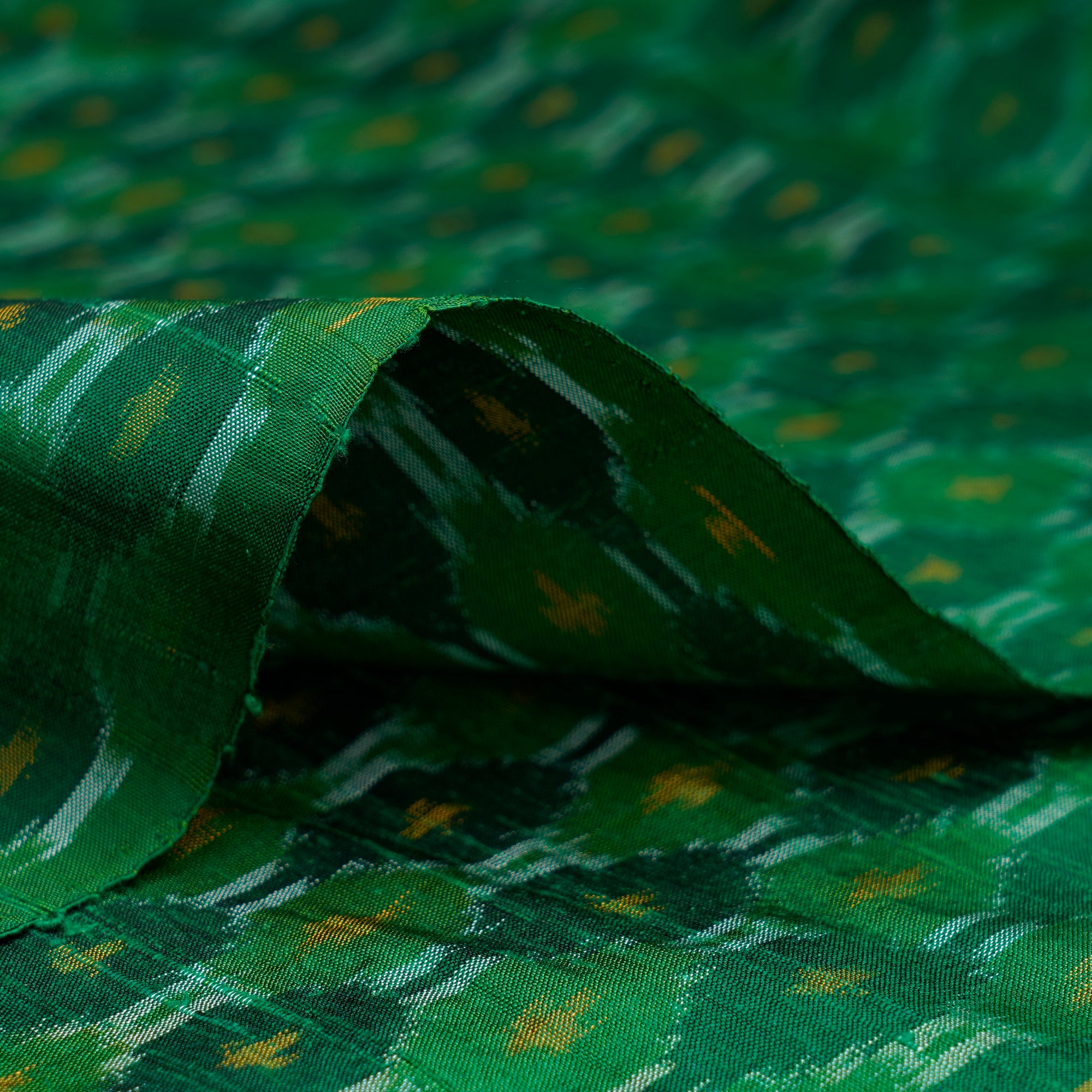 Green Handwoven Pure Dupion Silk Ikat Fabric