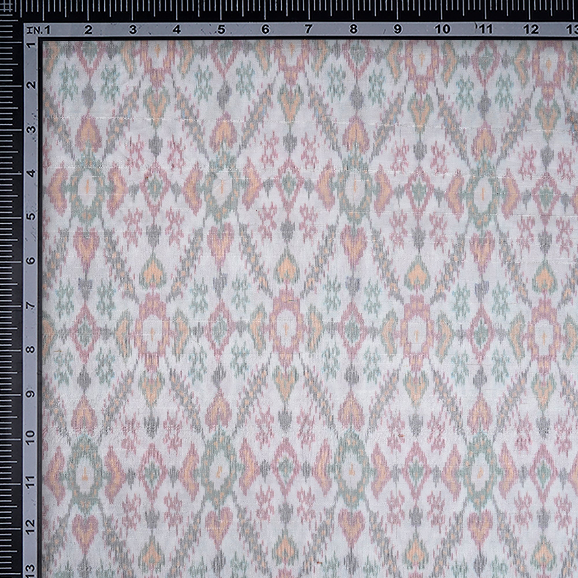 White Handwoven Pure Dupion Silk Ikat Fabric