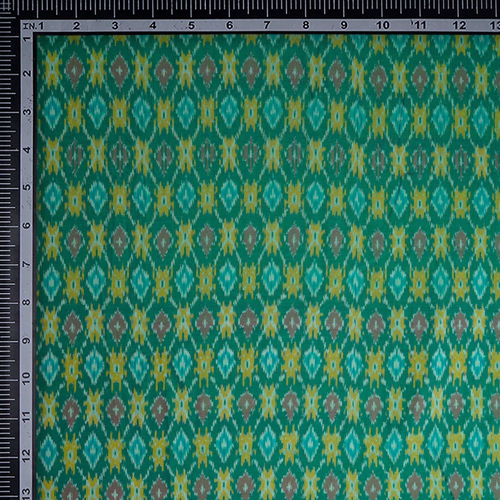 Dark Green Handwoven Pure Silk-Cotton (Sico) Ikat Fabric