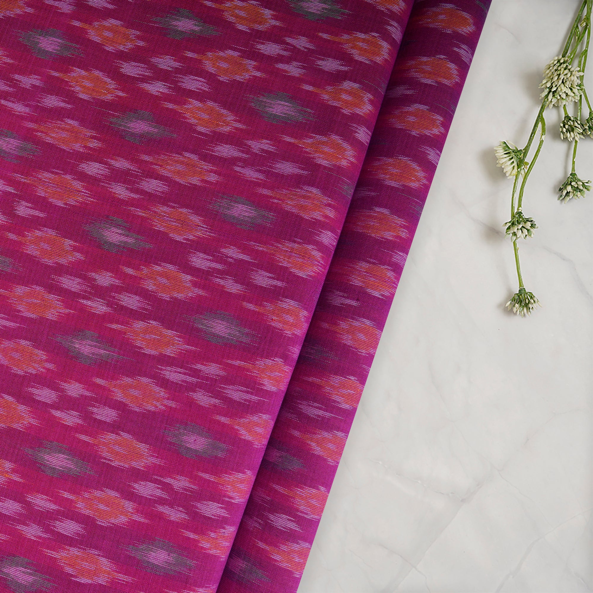 Dark Pink Handwoven Pure Silk-Cotton (Sico) Ikat Fabric