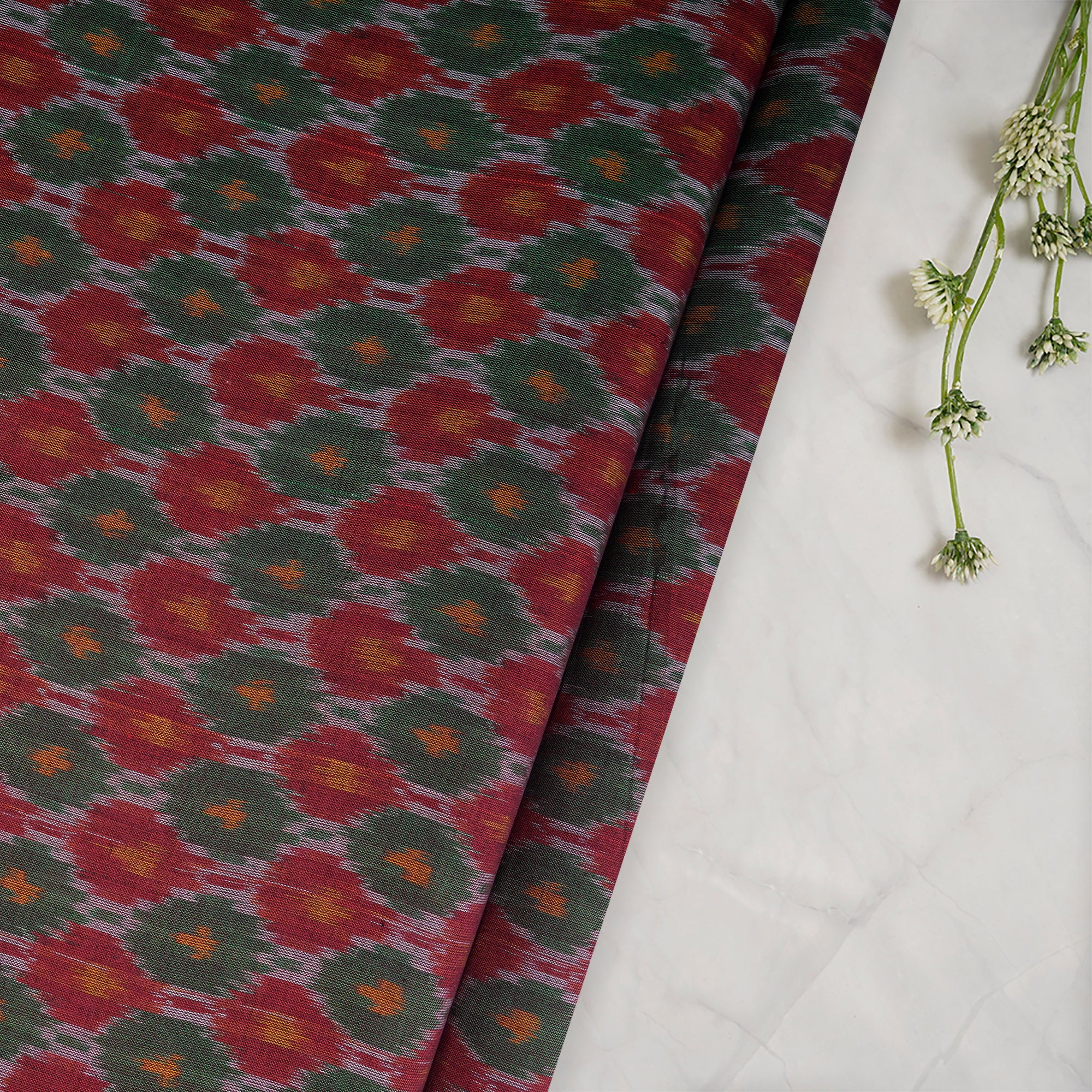 Green Handwoven Pure Silk-Cotton (Sico) Ikat Fabric