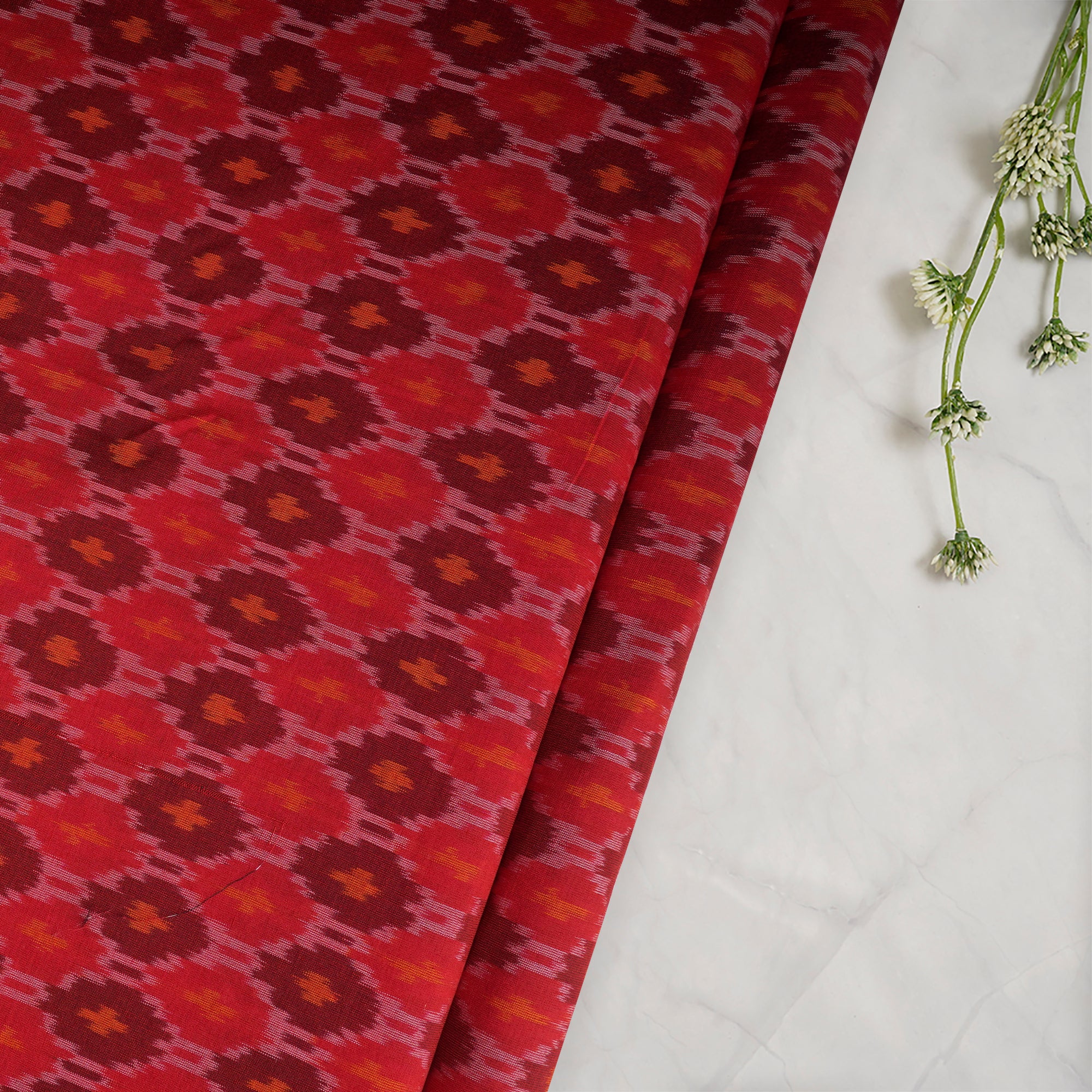 Red Handwoven Pure Silk-Cotton (Sico) Ikat Fabric