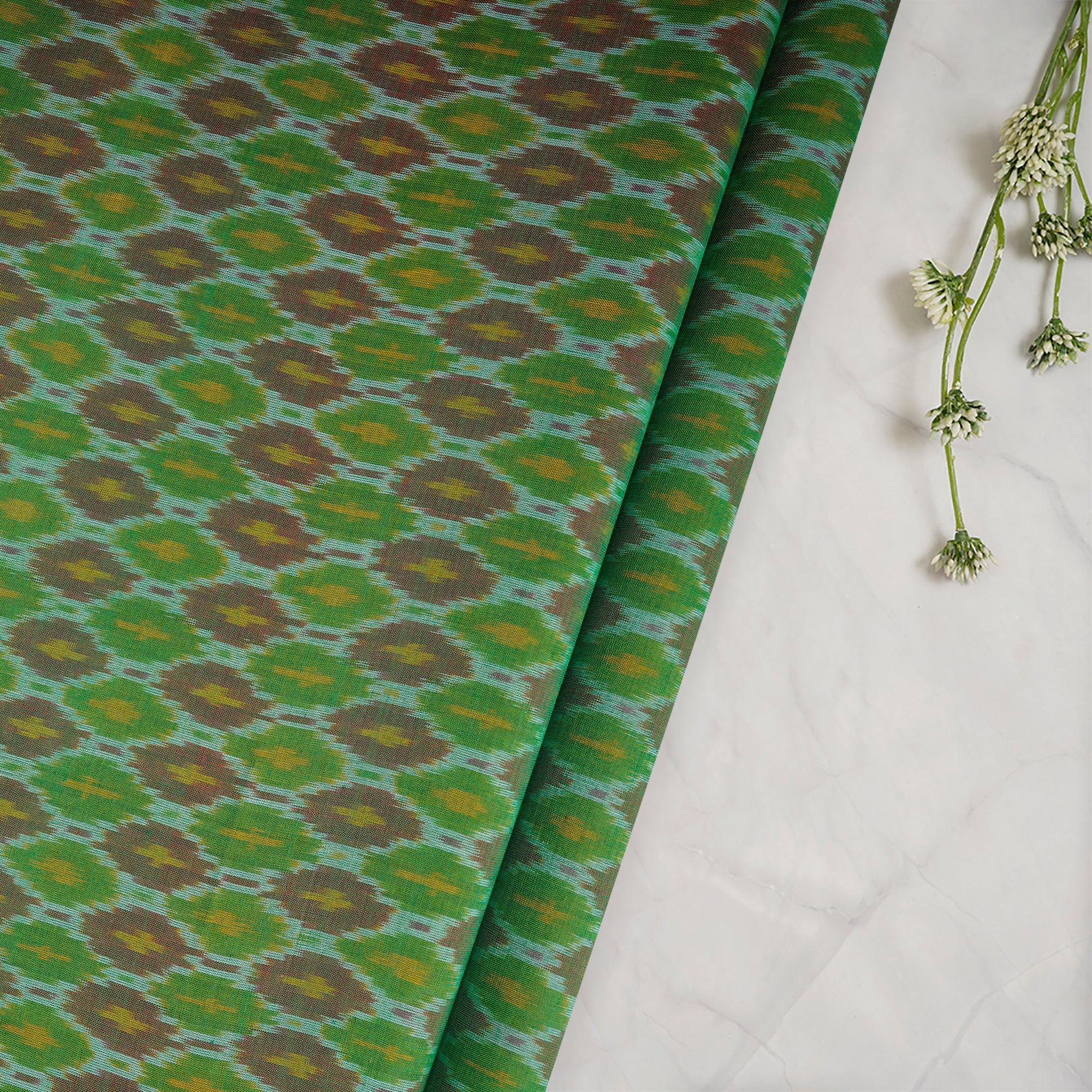 Green Handwoven Pure Silk-Cotton (Sico) Ikat Fabric