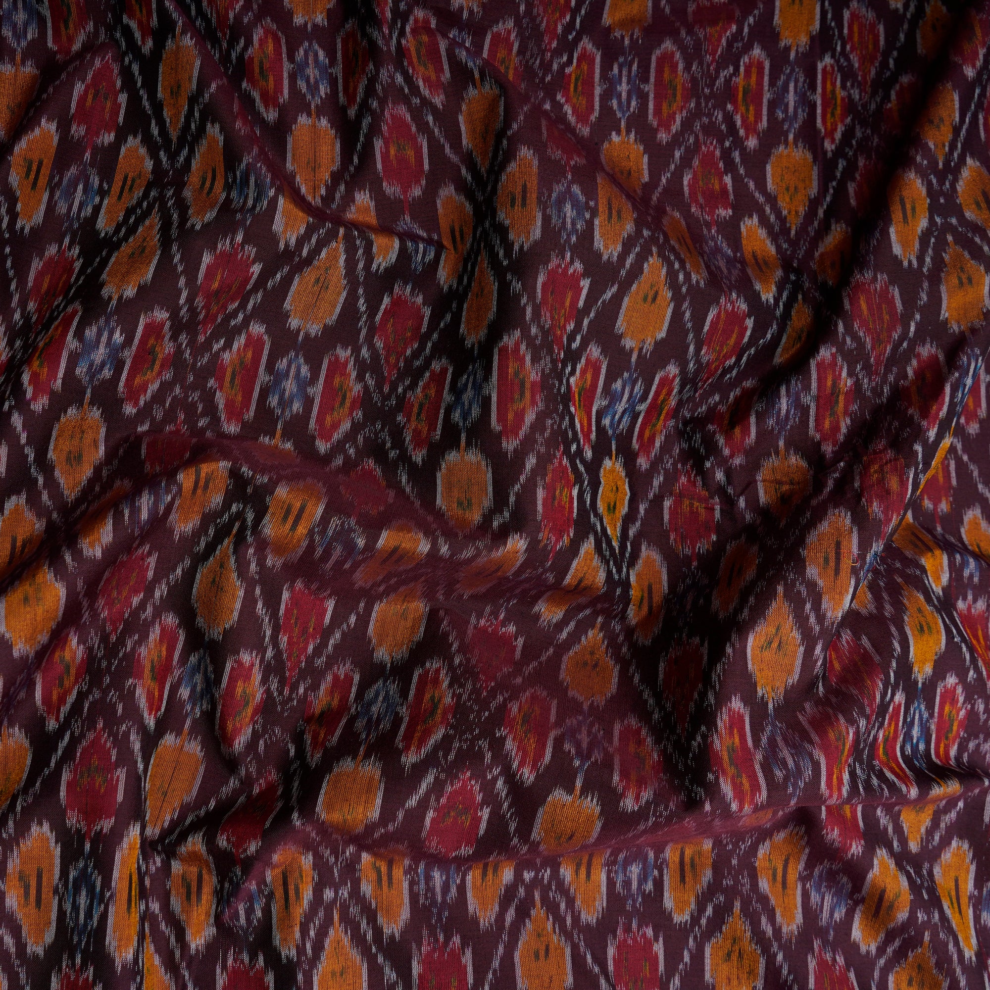 Dark Brown Handwoven Pure Silk-Cotton (Sico) Ikat Fabric