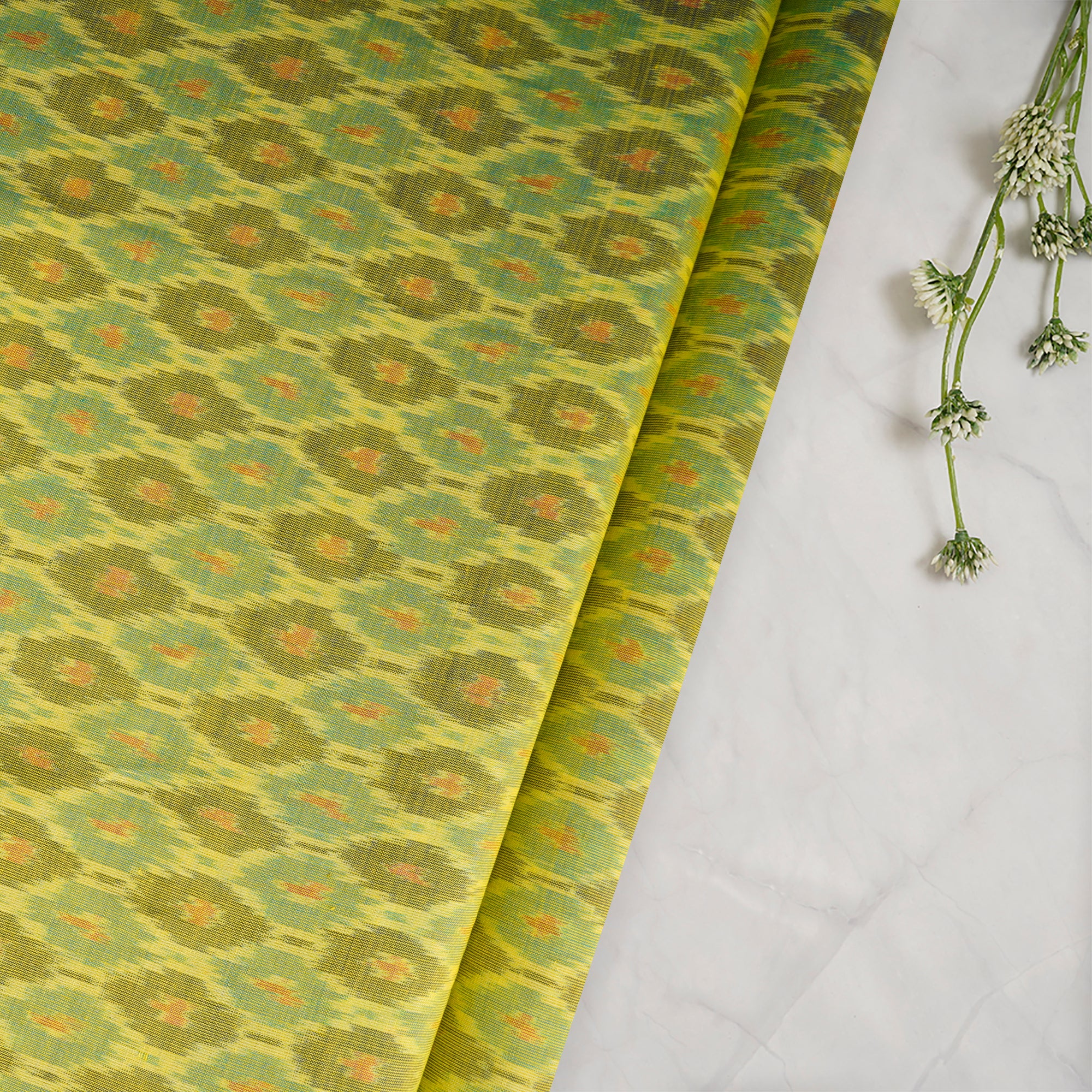 Yellow Handwoven Pure Silk-Cotton (Sico) Ikat Fabric