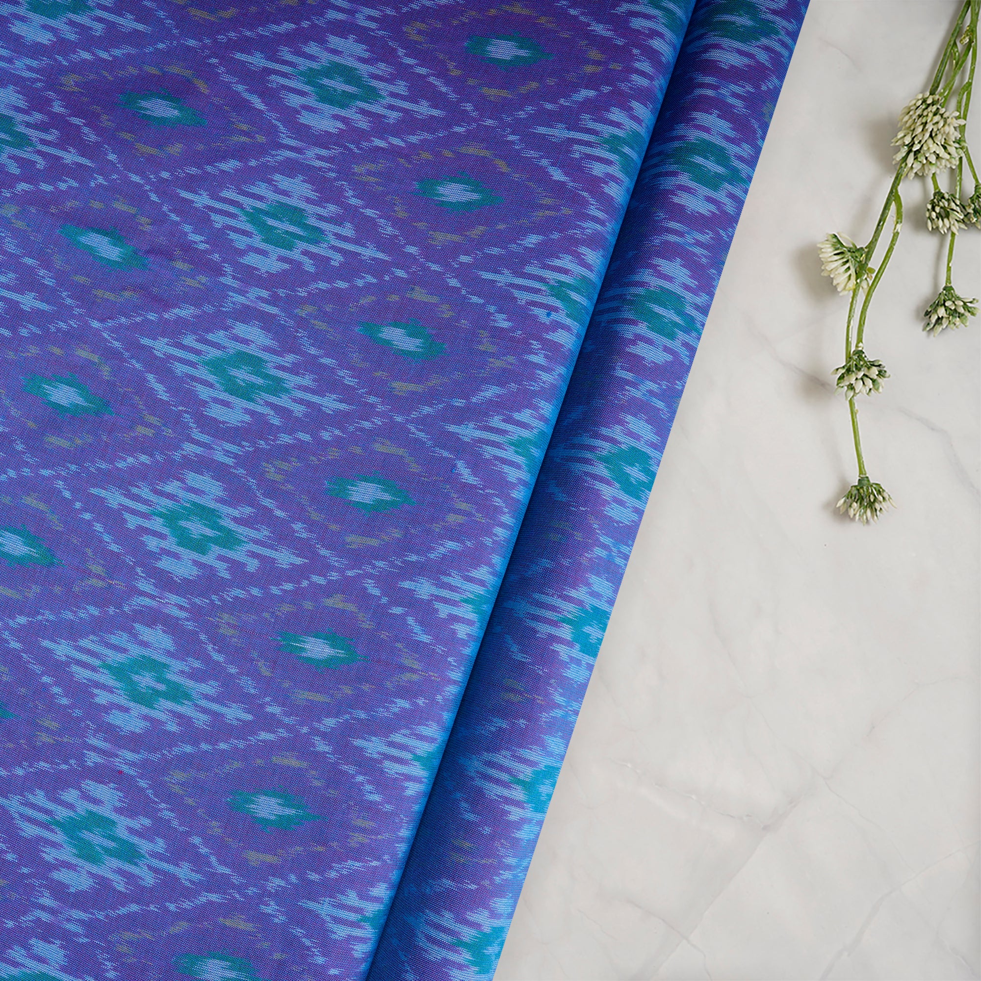 Blue Handwoven Pure Silk-Cotton (Sico) Ikat Fabric