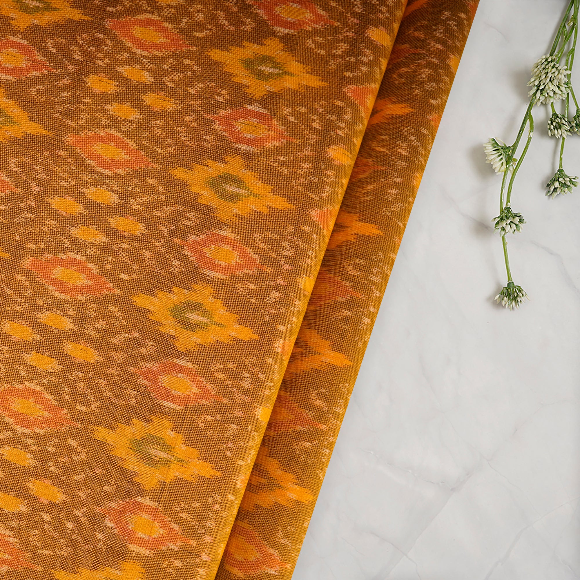 Orange Handwoven Pure Silk-Cotton (Sico) Ikat Fabric