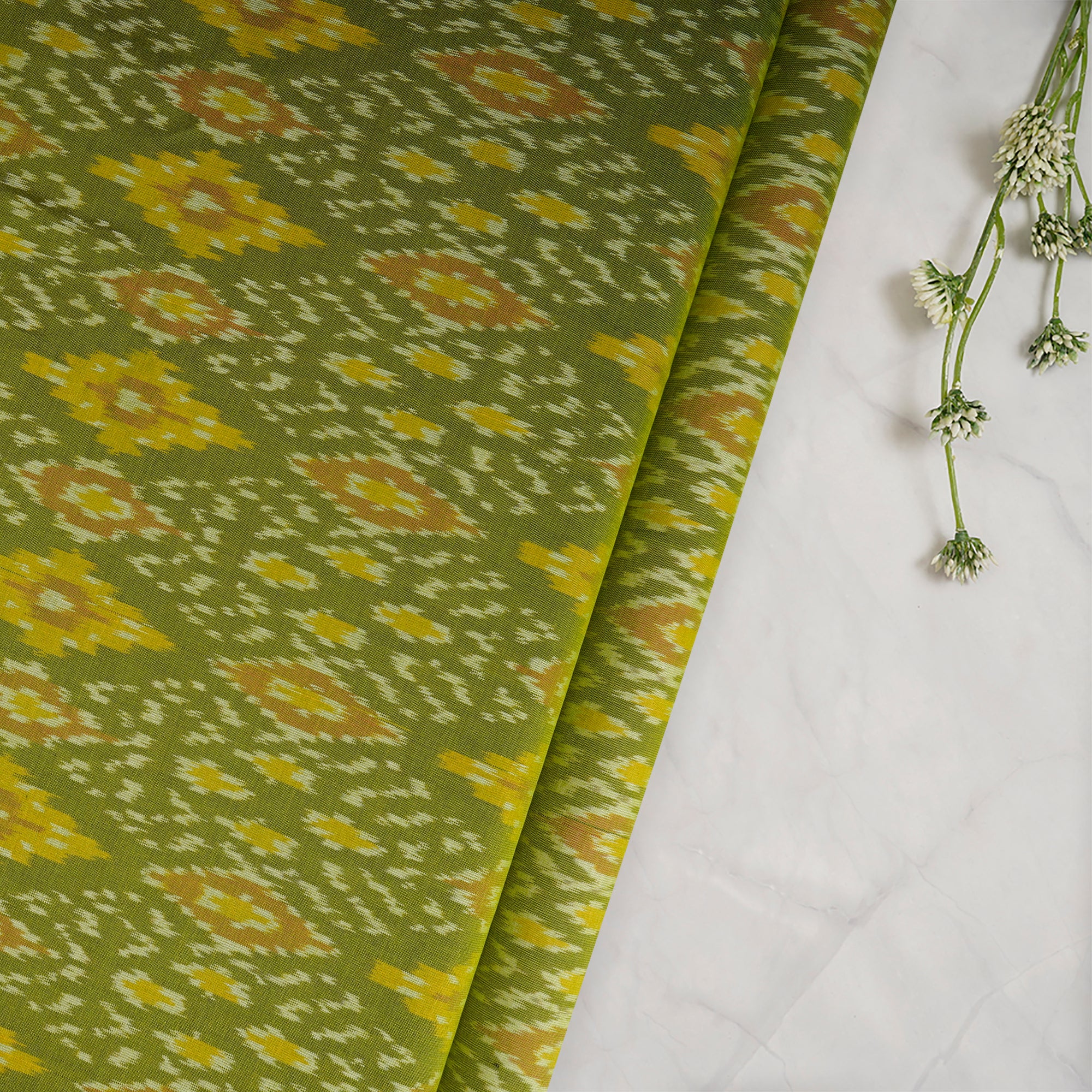 Olive Green Handwoven Pure Silk-Cotton (Sico) Ikat Fabric