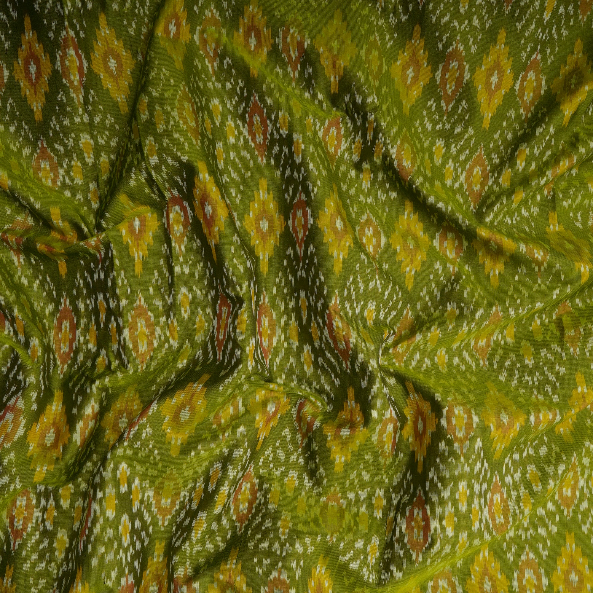 Olive Green Handwoven Pure Silk-Cotton (Sico) Ikat Fabric