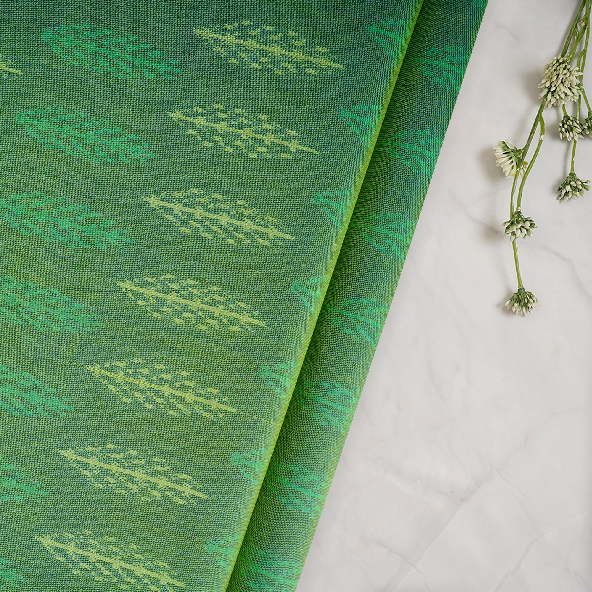 Green Handwoven Pure Silk-Cotton (Sico) Ikat Fabric