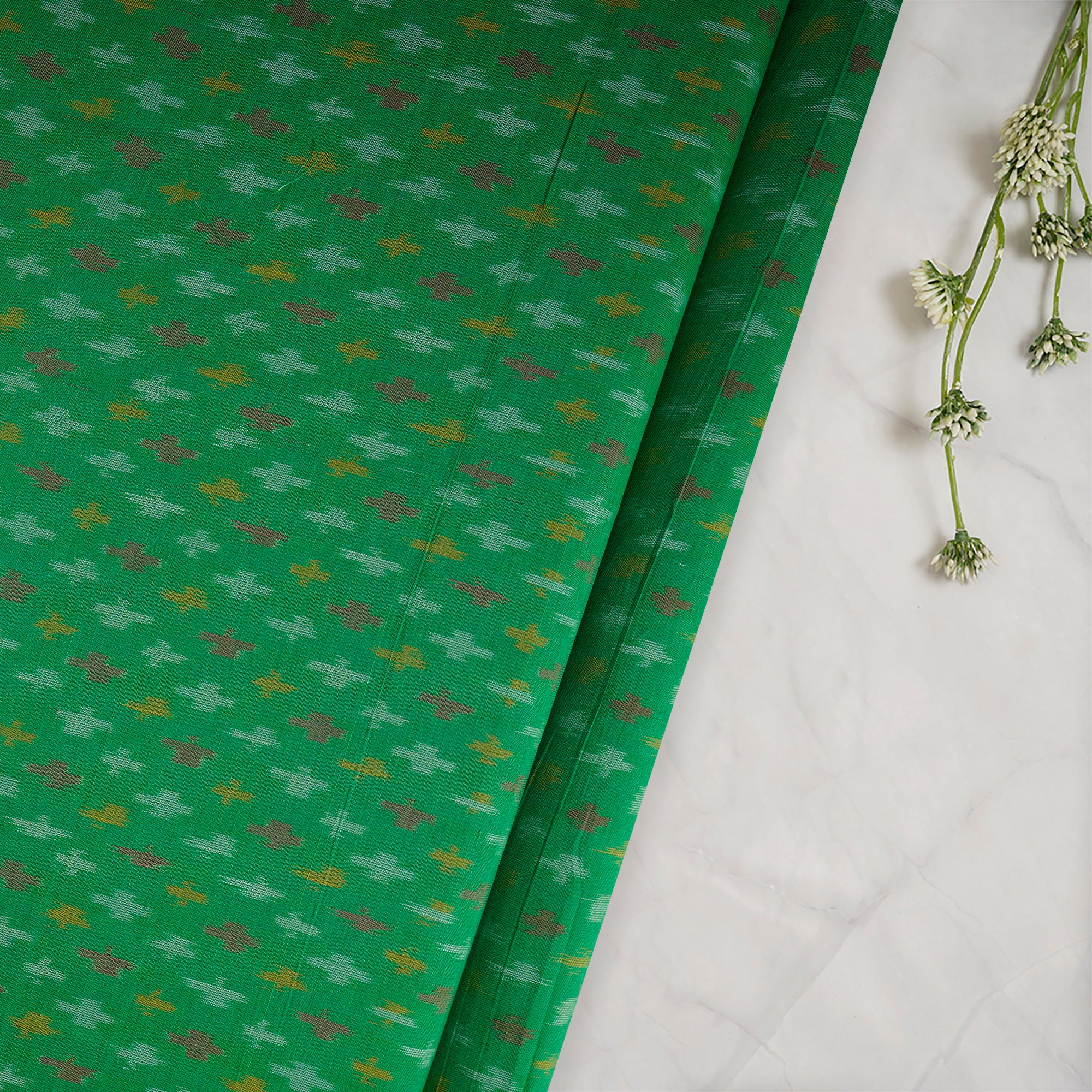 Green Bee Handwoven Pure Silk-Cotton (Sico) Ikat Fabric