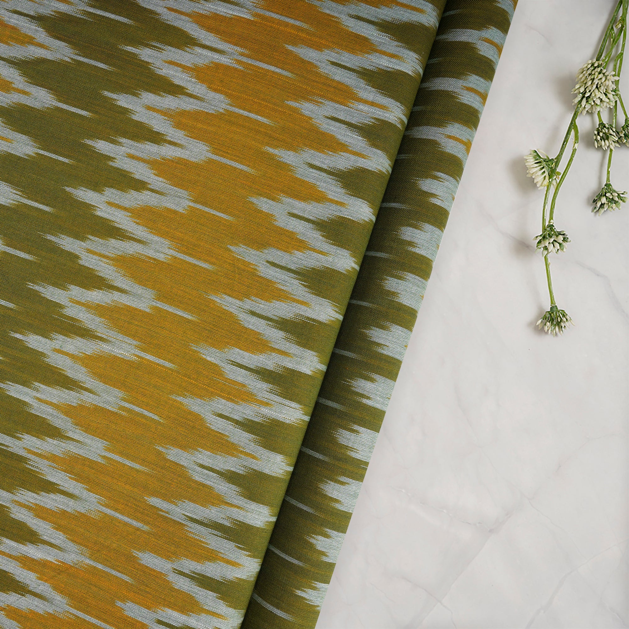 Yellow-Green Handwoven Mercerised Cotton Ikat Fabric (44" Width)