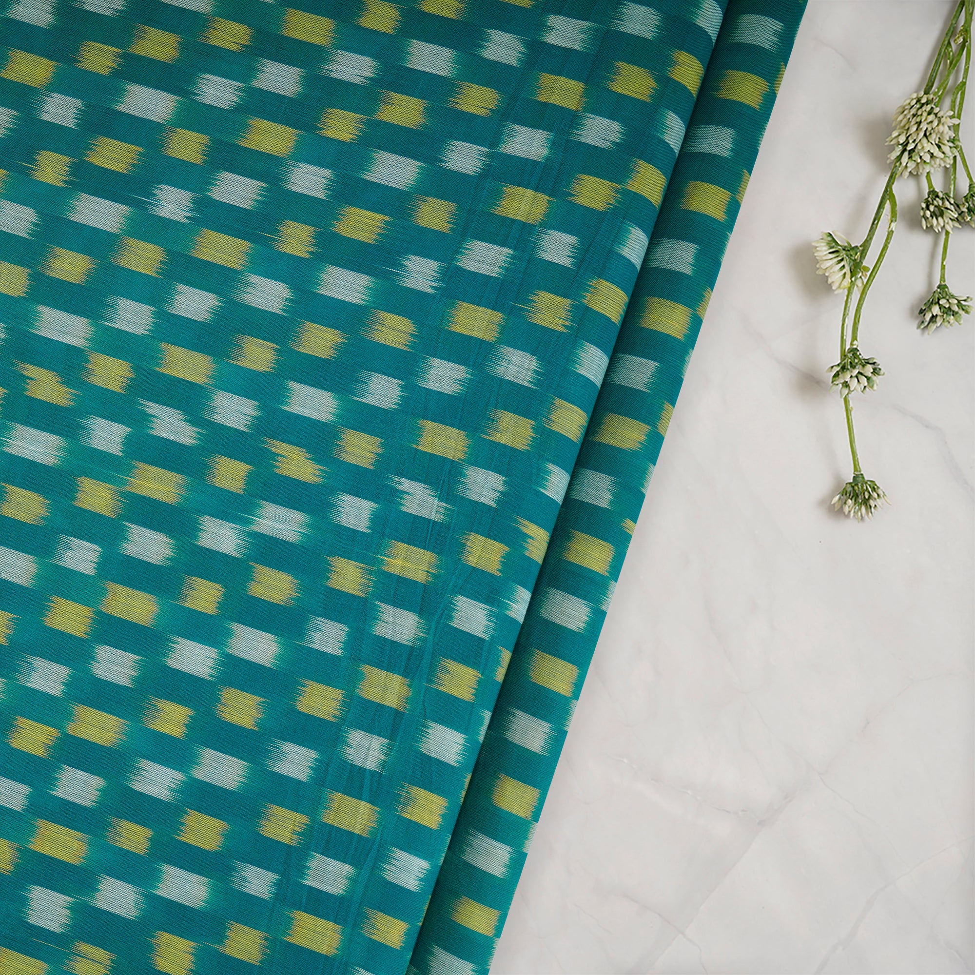 Green Handwoven Mercerised Cotton Ikat Fabric (44" Width)