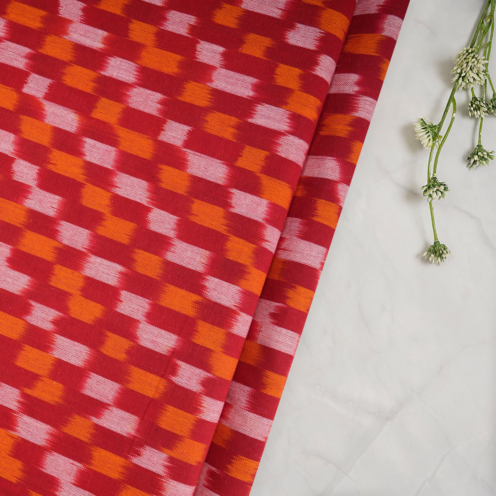 Red Handwoven Mercerised Cotton Ikat Fabric (44" Width)