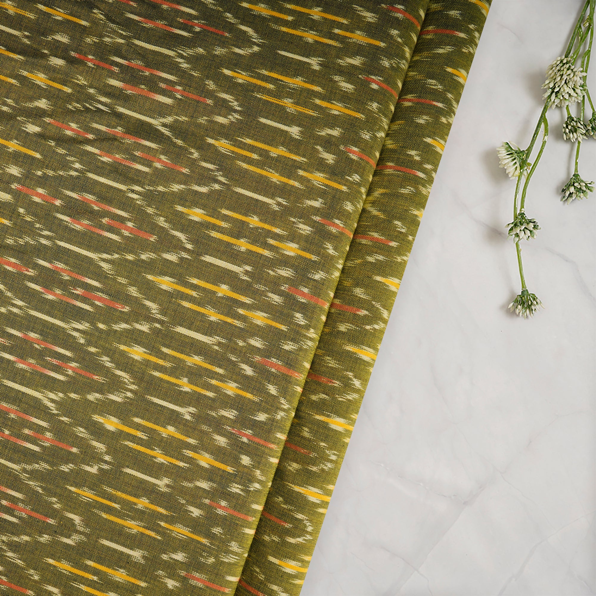 Olive Handwoven Mercerised Cotton Ikat Fabric (44" Width)